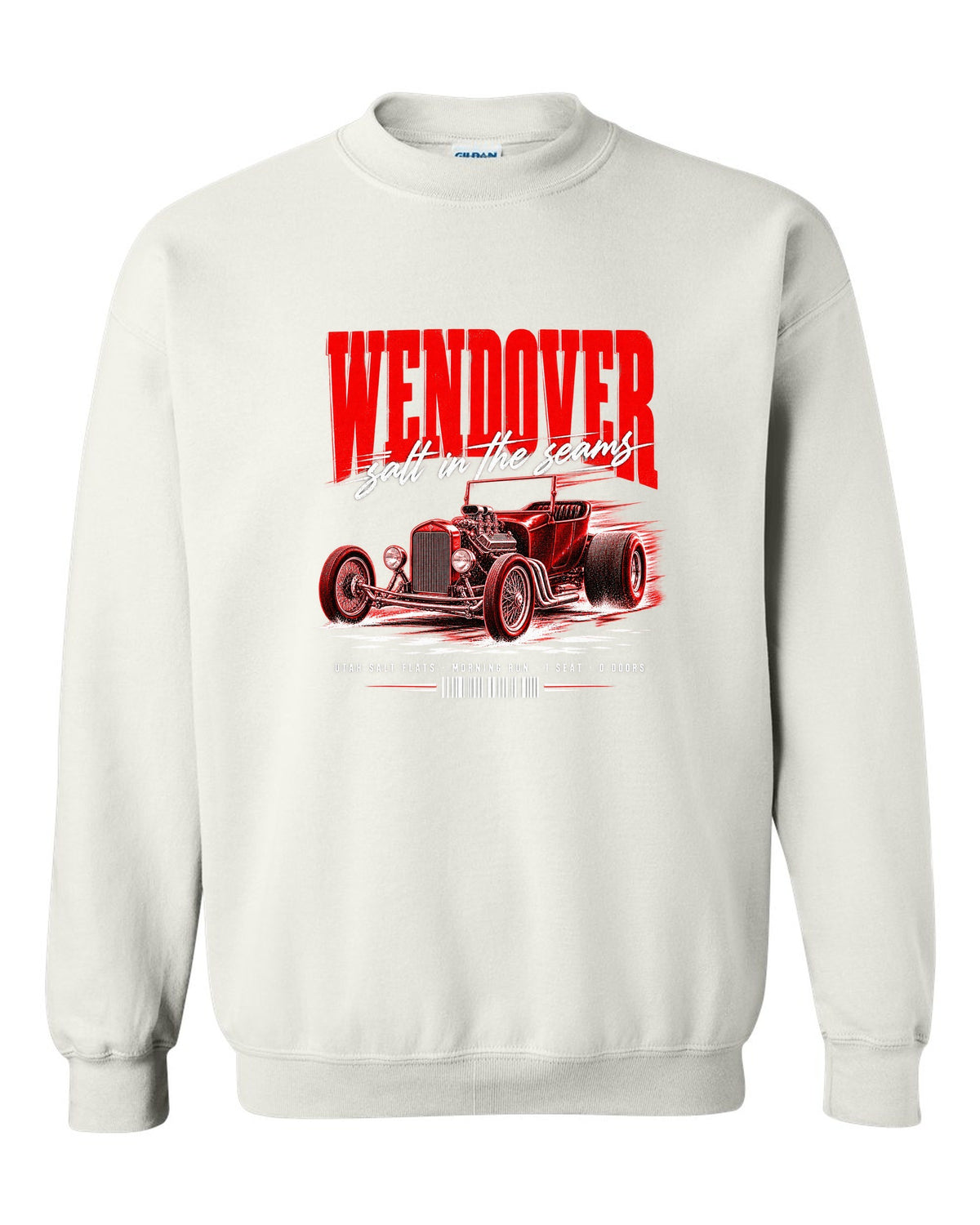 Street poster print of a T-bucket hot rod for Wendover and the Utah Salt Flats white crewneck front view with the design