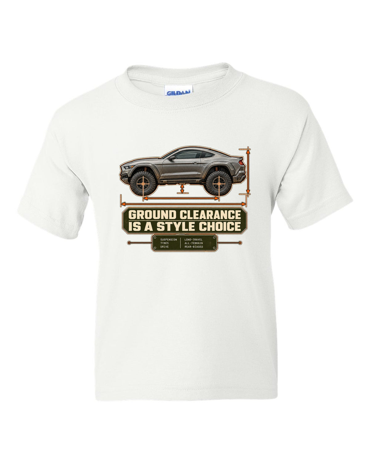 print of a Mustang Raptor concept dimension blueprint with ground clearance text white kids tee front view with the design