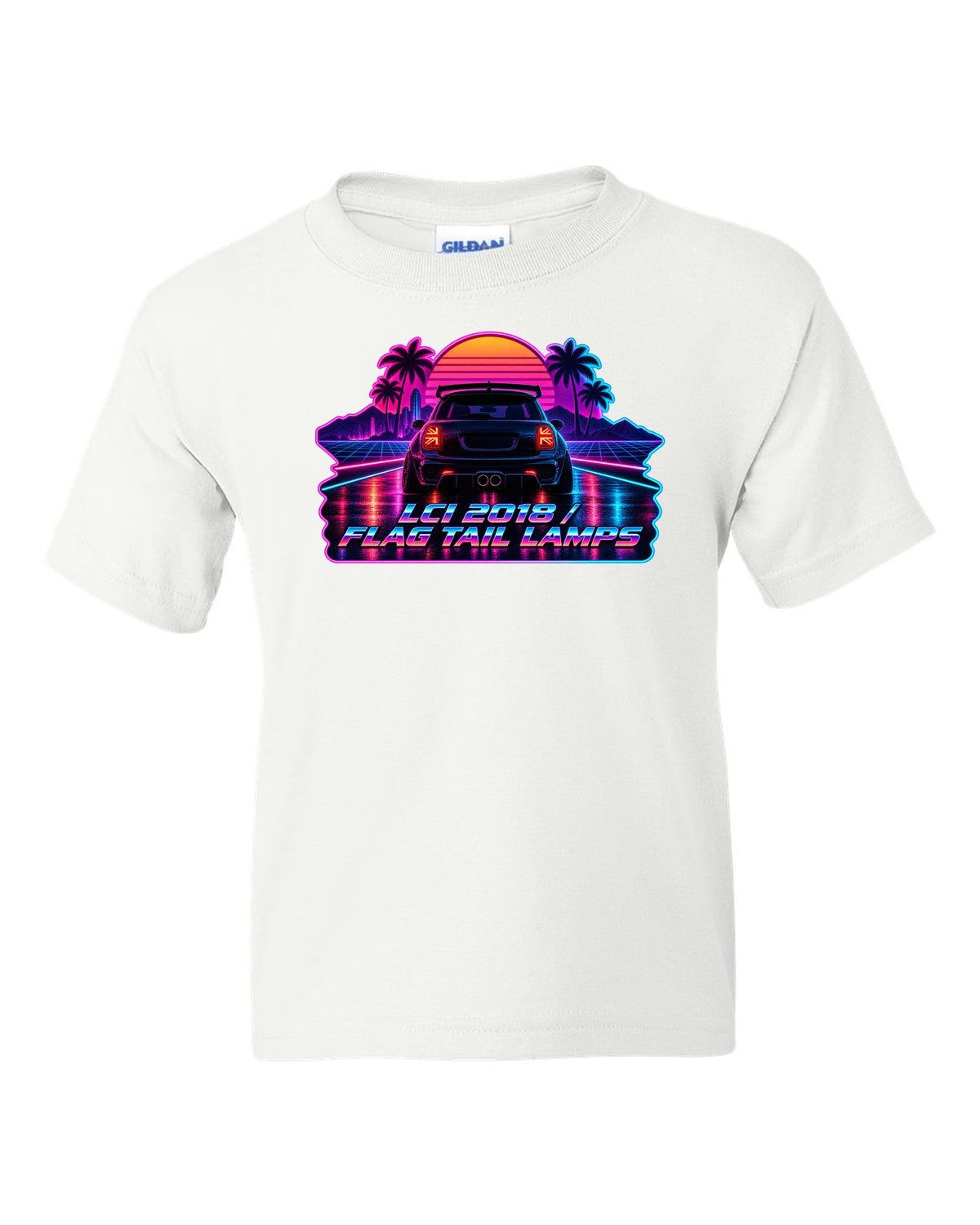 Synthwave outrun artwork of a Mini Cooper JCW F56 LCI with flag tail lamps white kids tee front view with the design