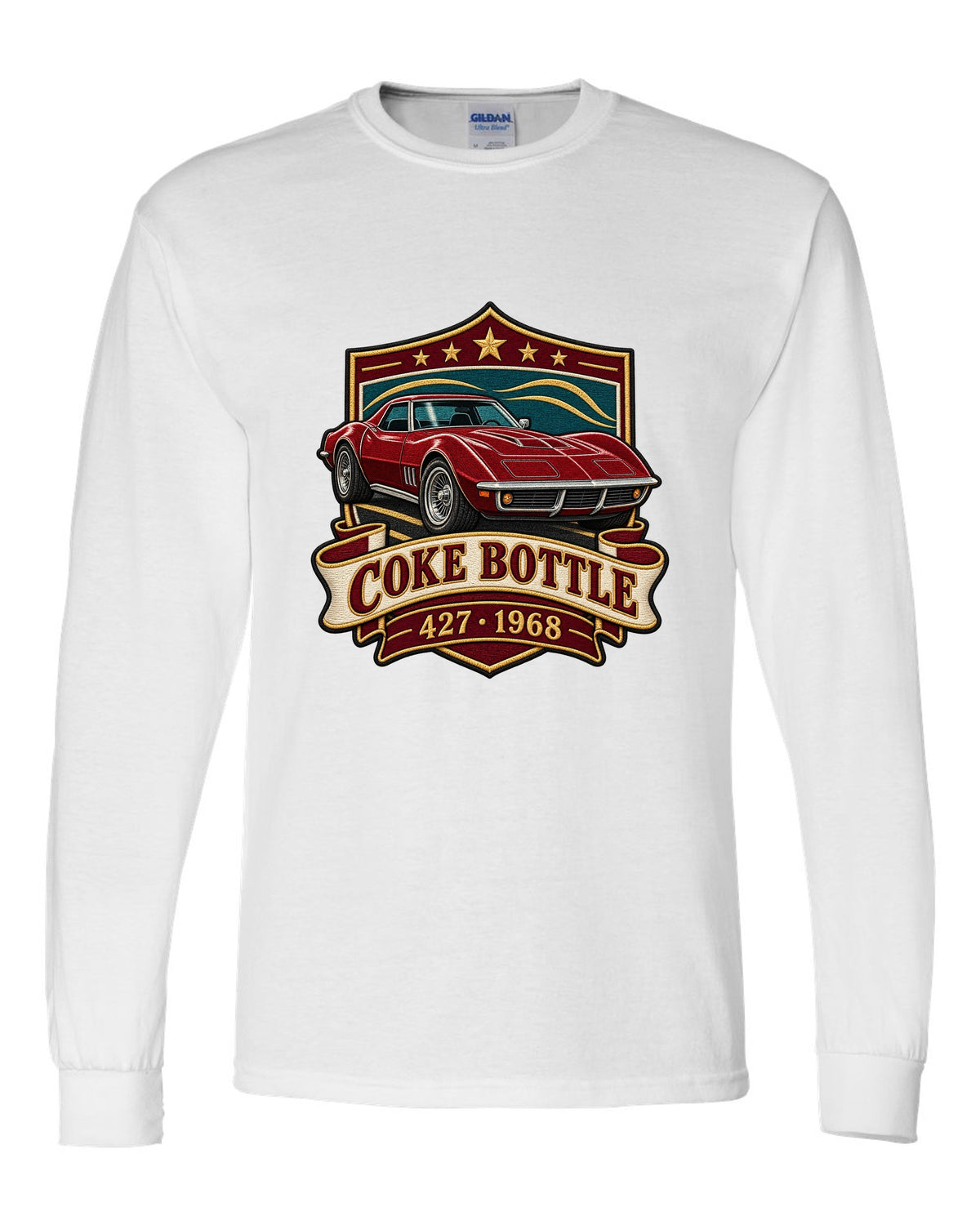 Embroidery style shield crest print of a 1968 Chevrolet Corvette C3 Stingray with Coke Bottle 427 text white long sleeve front view with the design