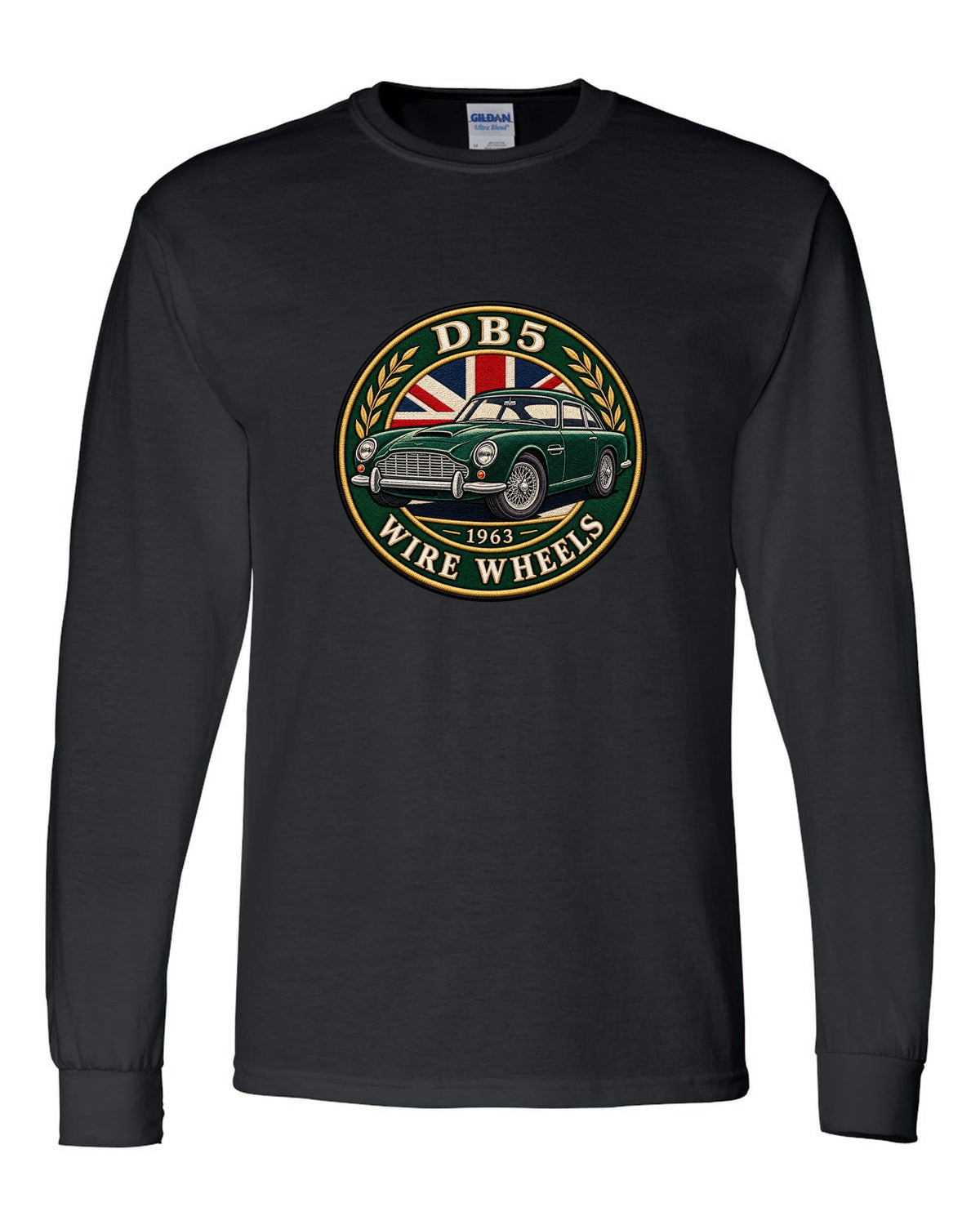 Aston Martin DB5 varsity crest with DB5 1963 WIRE WHEELS lettering black long sleeve front view with the design