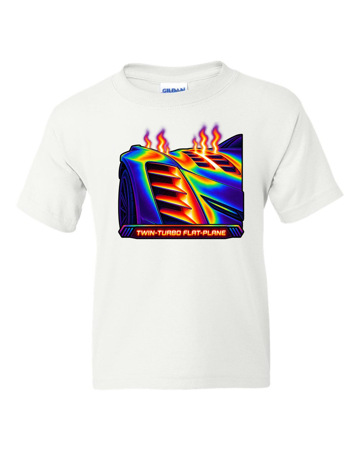 Infrared thermal gradient print of a fender vent on a 2025 Chevrolet Corvette C8 ZR1 with Twin-Turbo Flat-Plane text white kids tee front view with the design