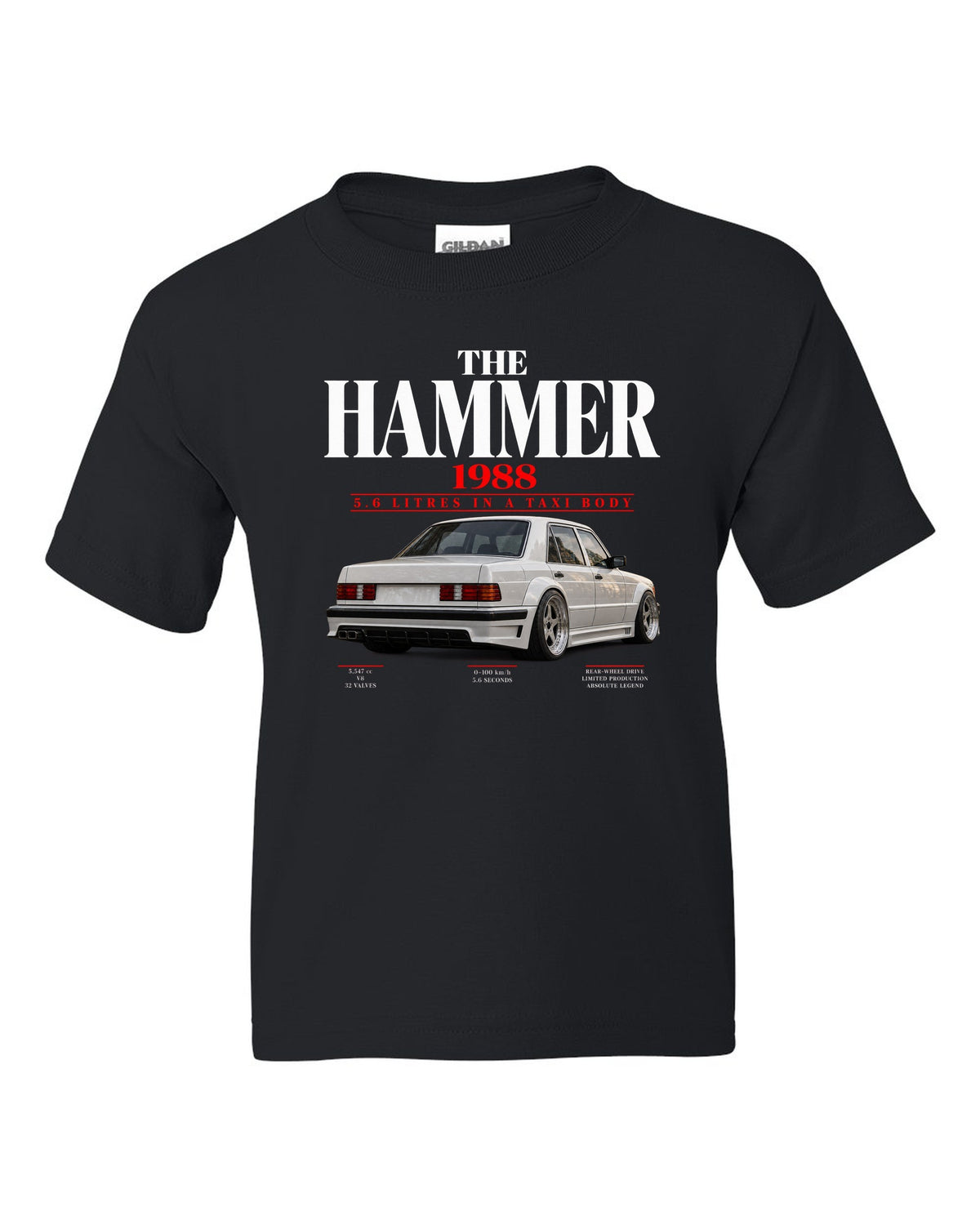 Mercedes 300E 5.6 AMG Hammer W124 editorial print with 1988 headline black kids tee front view with the design