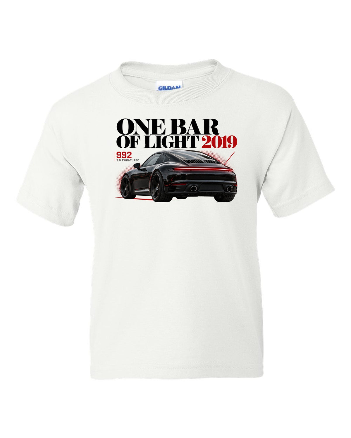 Editorial headline print of a Porsche 911 Carrera S 992 with One Bar Of Light caption white kids tee front view with the design