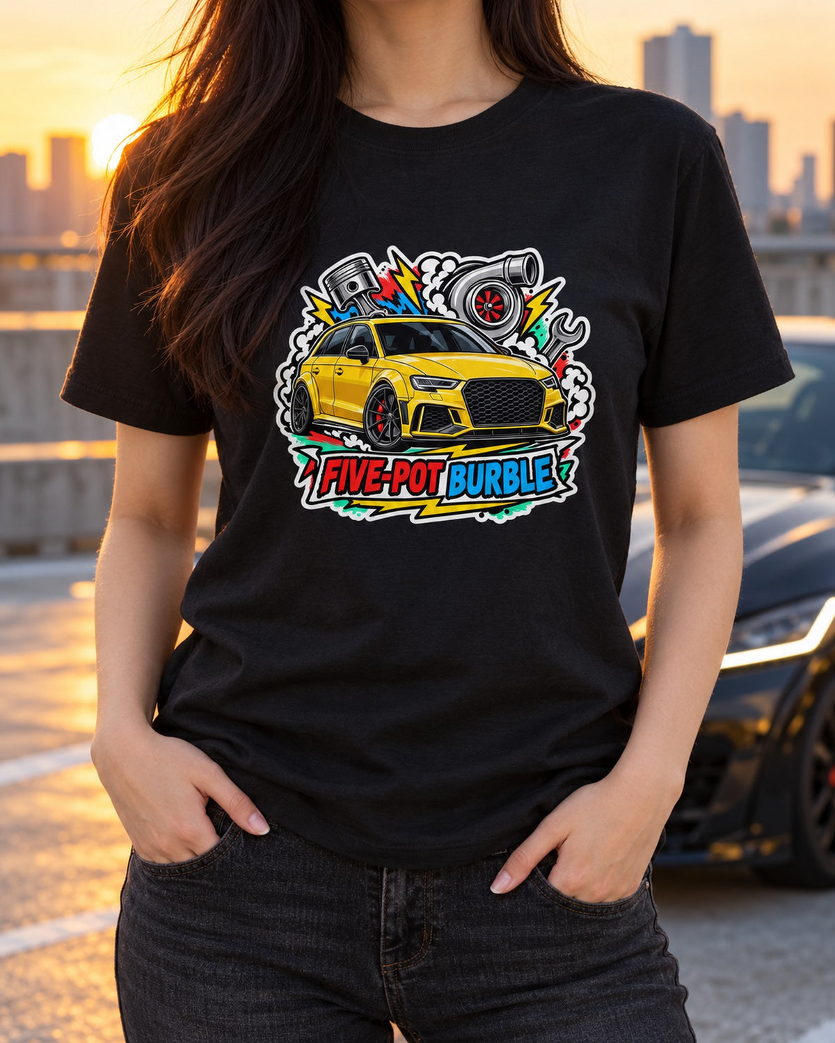 Audi RS3 8V Sticker Bomb Shirt, Five-Pot Burble Car Tee T-Shirt Black worn hero