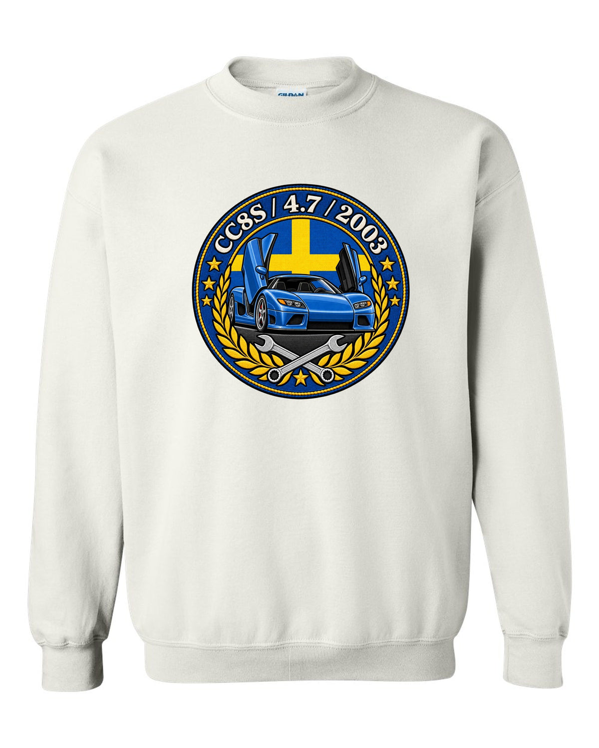 Varsity-style garage crest design for the Koenigsegg CC8S with CC8S 4.7 2003 lettering white crewneck front view with the design