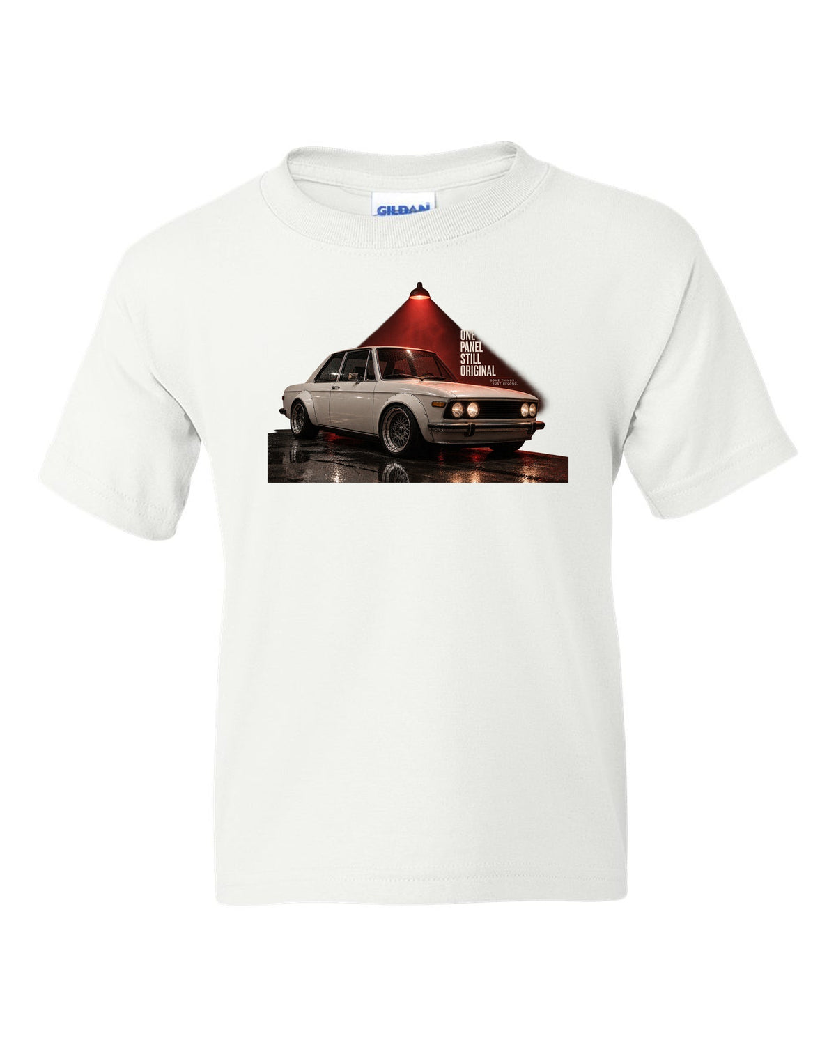 BMW E30 M3 garage night print with one panel still original text white kids tee front view with the design