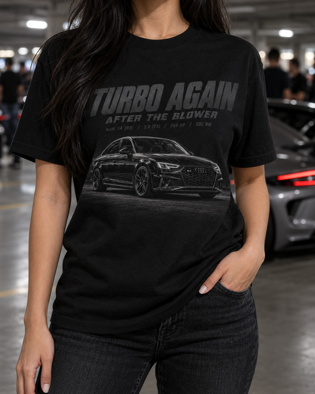 Audi S4 B9 Sedan Halftone Statement print Shirt T-Shirt Black worn hero