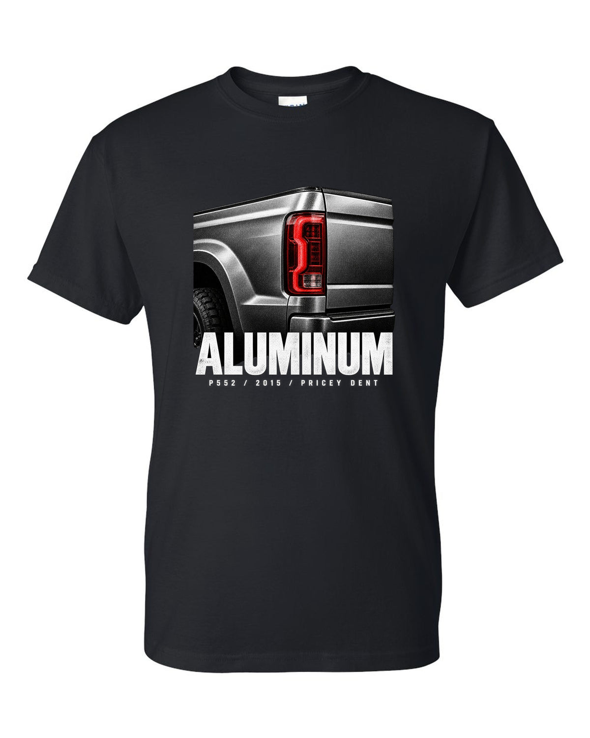 Macro print of a 2015-20 Ford F-150 P552 tailgate with aluminum and pricey dent text black t-shirt front view with the design