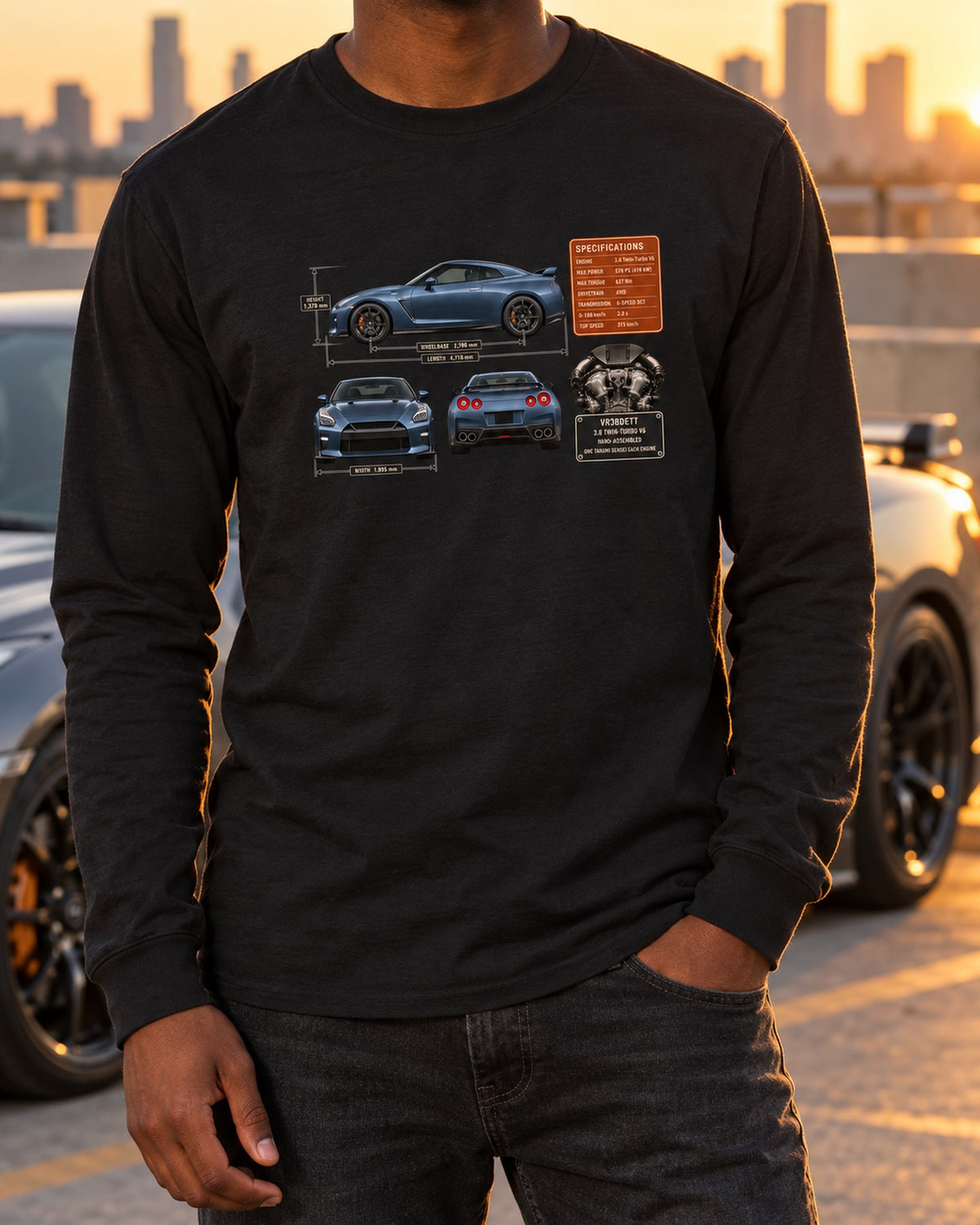 Nissan GT-R R35 Dimension Blueprint Tee, VR38DETT Car Shirt Long Sleeve Black worn hero