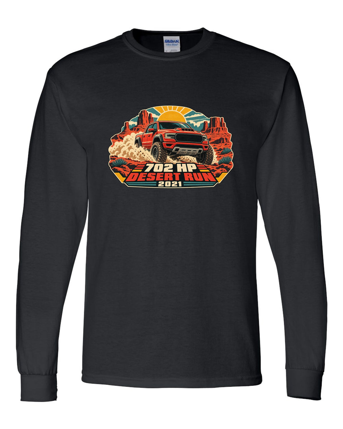 Vintage desert race poster print of a 2021 Ram 1500 TRX with 702 HP text black long sleeve front view with the design