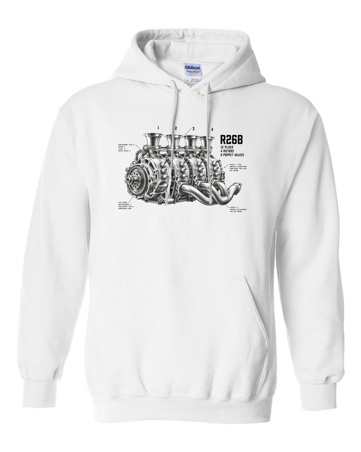 Mazda 787B R26B four-rotor engine illustration with 12 plugs and 4 rotors text white pull over hoodie front view with the design
