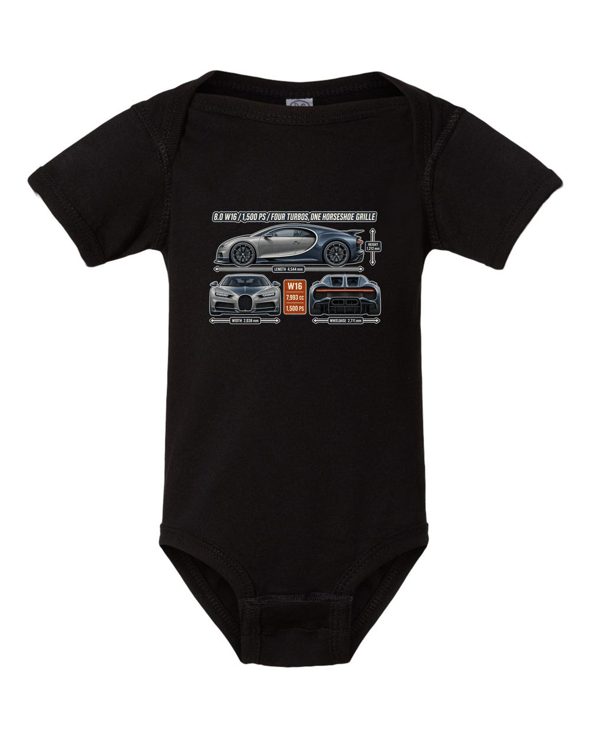 print three-view drawing with spec table of a Bugatti Chiron in slate blue black baby onesie front view with the design