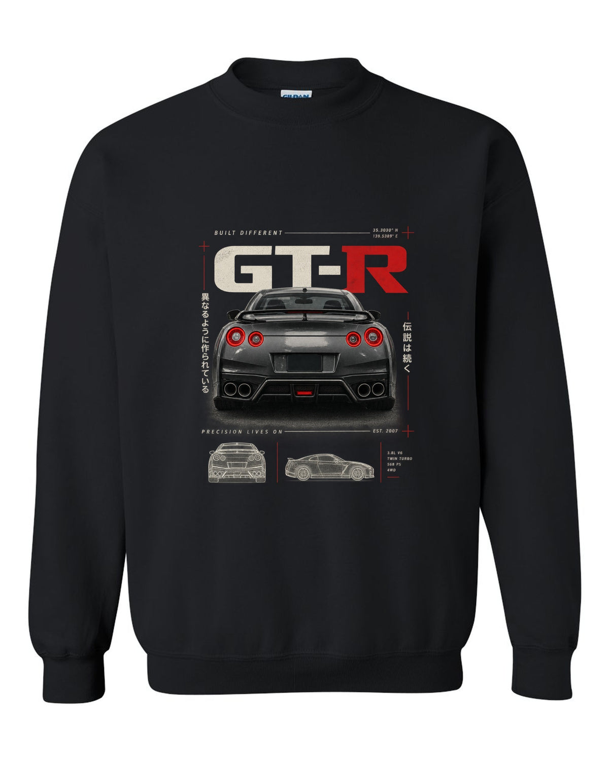Toyota GR Supra A90 dimension blueprint in warm graphite grey with B58 spec callouts black crewneck front view with the design