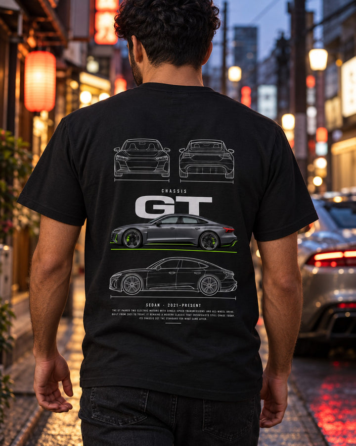 Audi e-tron GT Blueprint Full-Back Graphic Tee, GT Chassis Code T-Shirt Black worn hero
