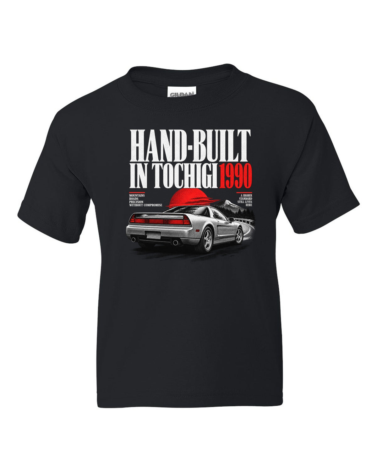 Honda NSX NA1 editorial headline design with hand-built in Tochigi 1990 text black kids tee front view with the design