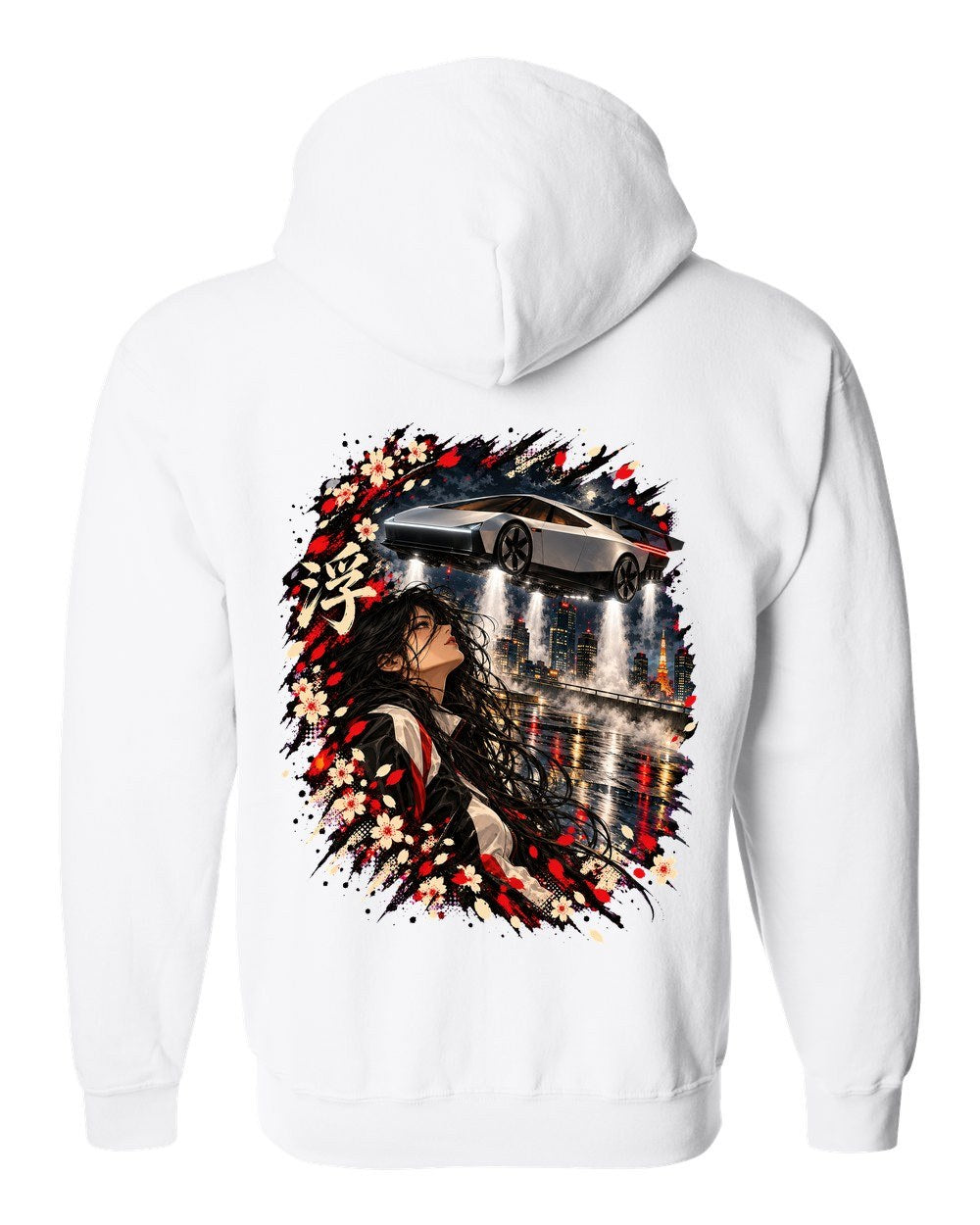 Tesla Roadster Hover Anime Girl Zip Hoodie White back