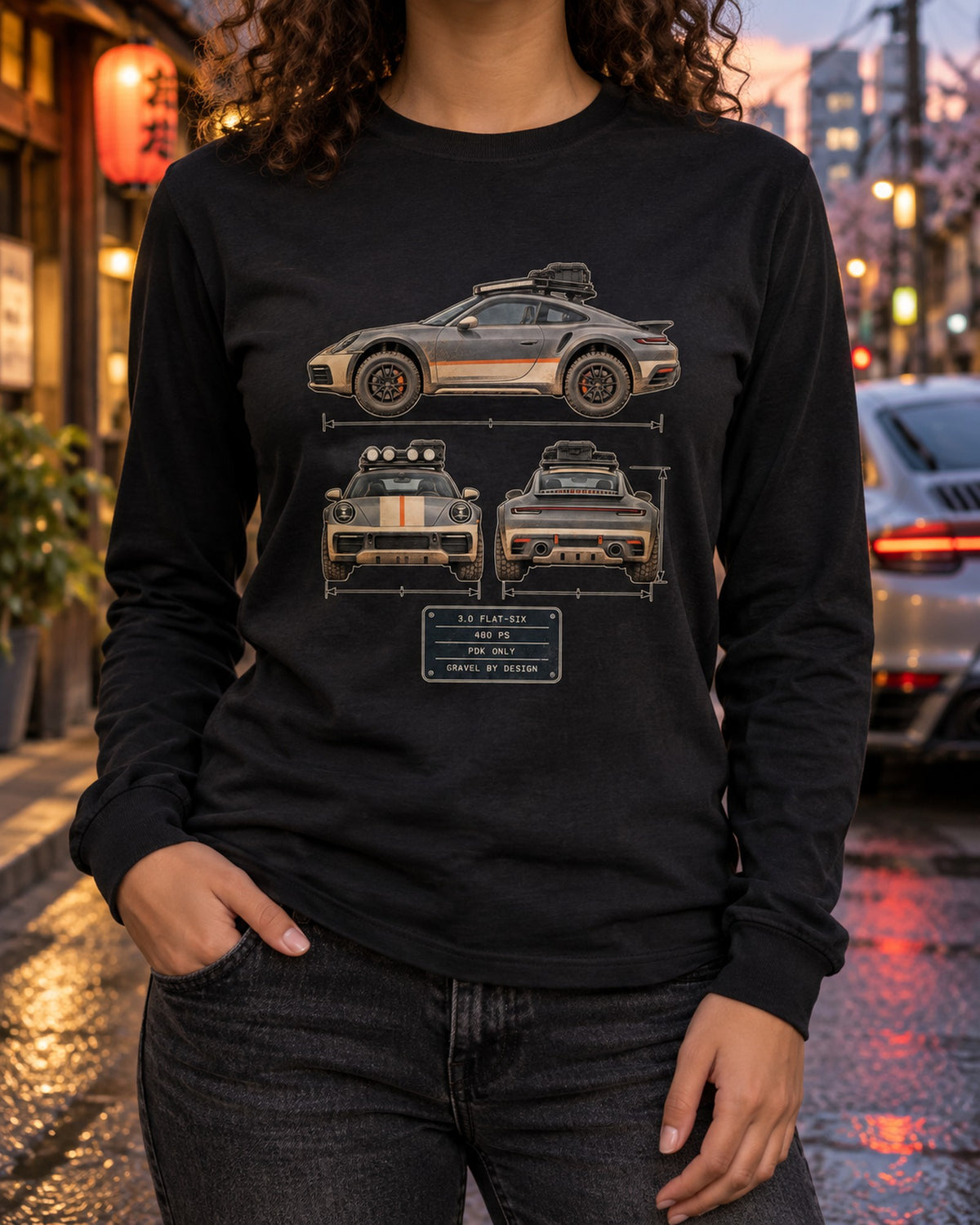 Porsche 911 Dakar Three-View Spec Table Tee, Off-Road 911 Long Sleeve Black worn hero