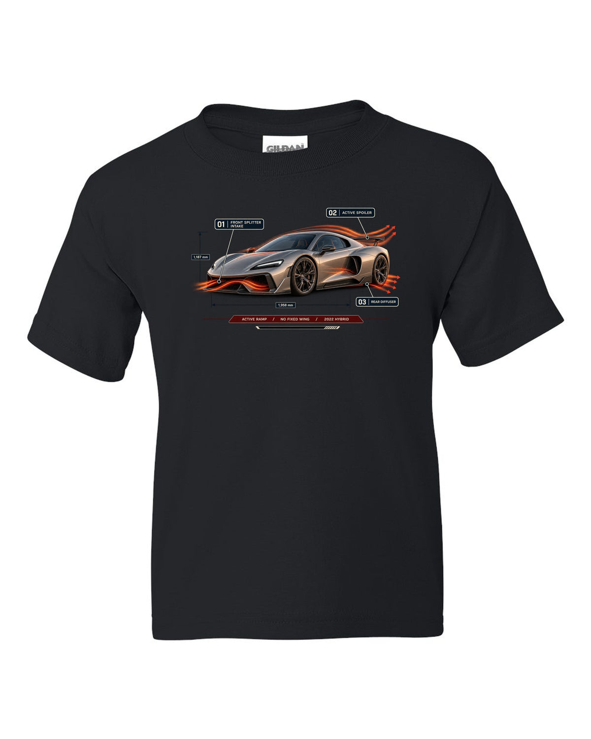 Ferrari 296 GTB aero callout print with active ramp and no fixed wing black kids tee front view with the design