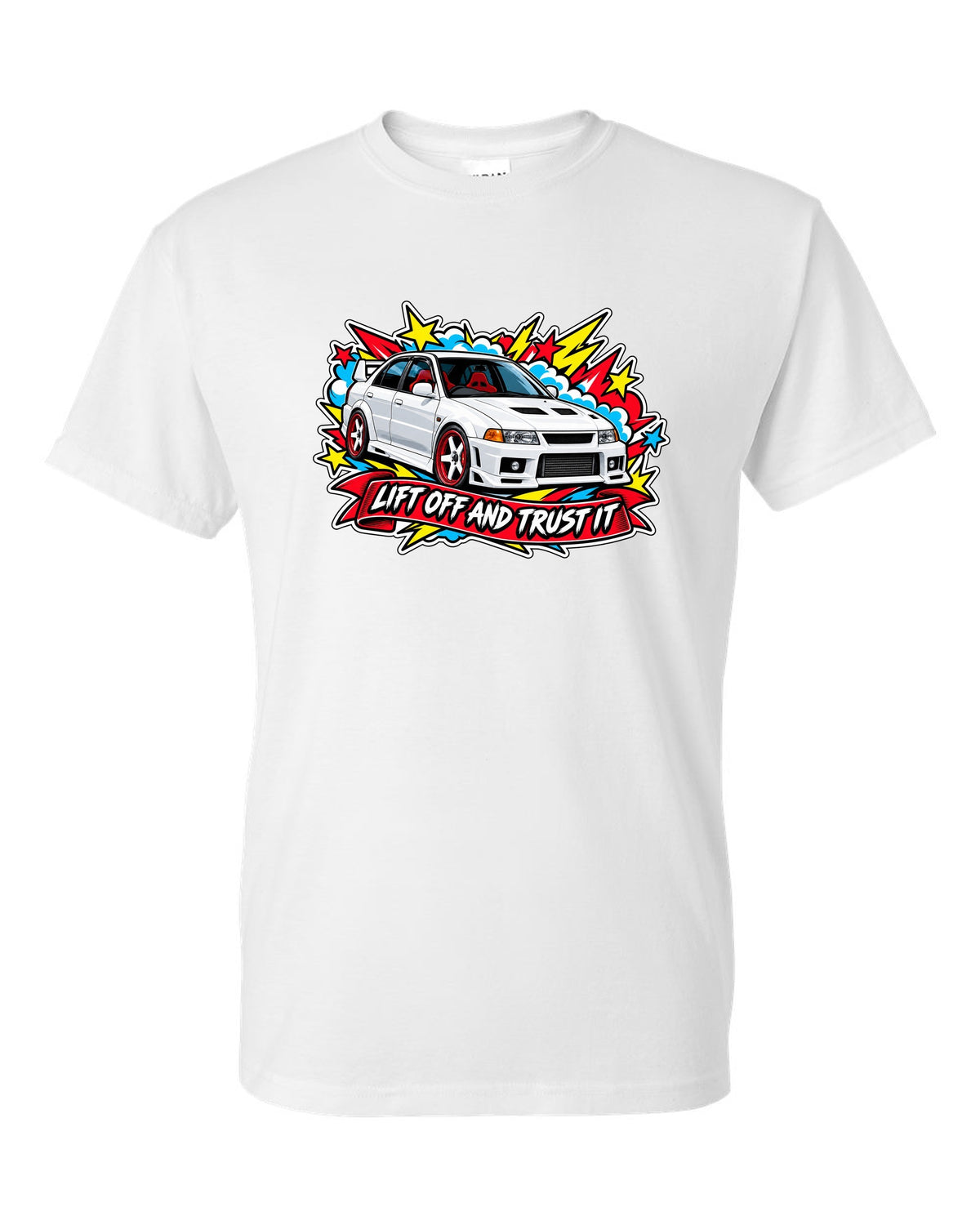Sticker-bomb collage print for the Mitsubishi Evo VI CP9A with the text lift off and trust it white t-shirt front view with the design