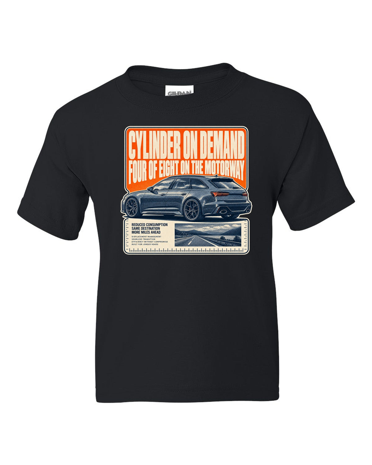 Audi RS6 Avant C8 wagon halftone statement print black kids tee front view with the design