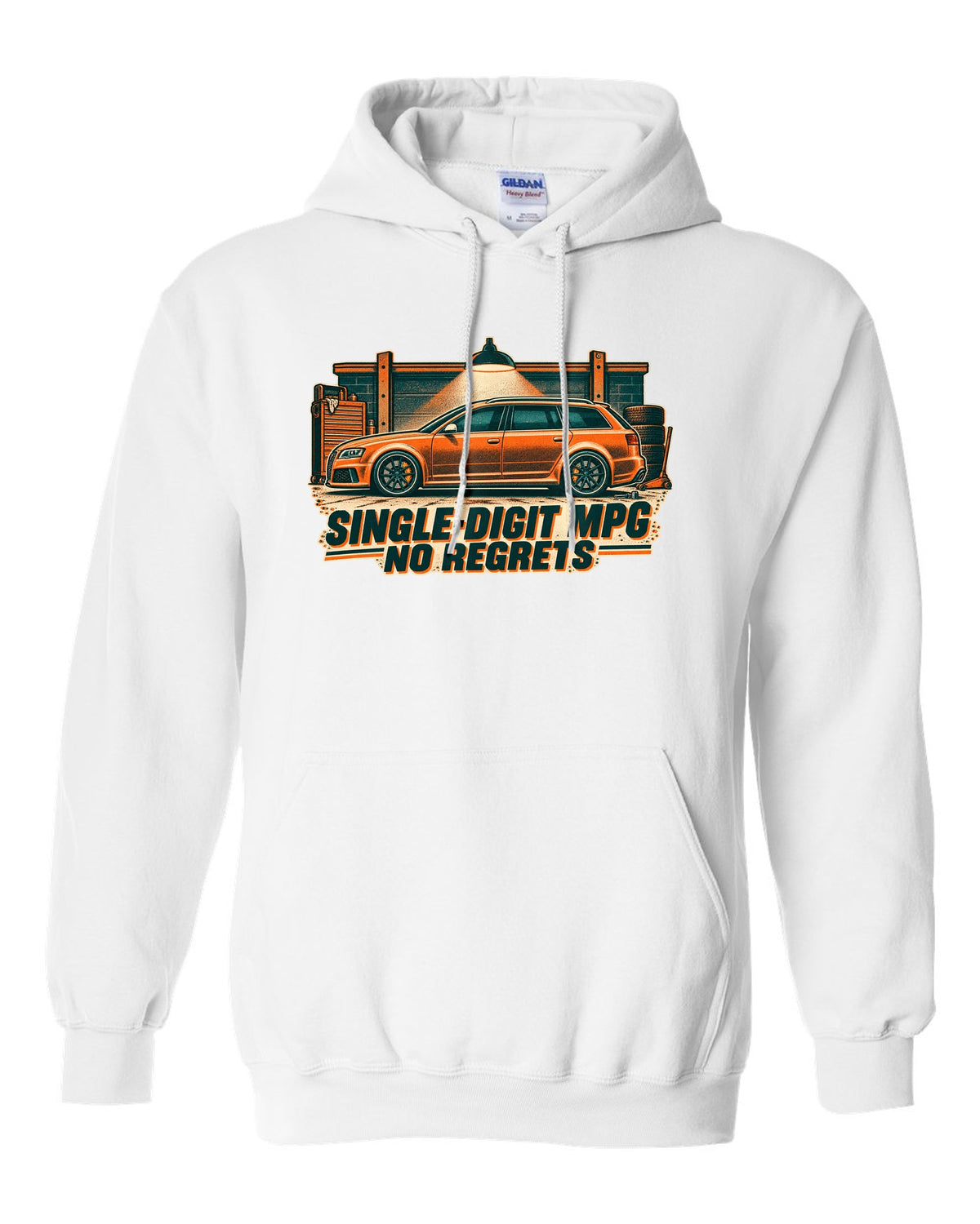 Risograph garage light design of the Audi RS6 Avant C6 4F with single-digit MPG no regrets lettering white pull over hoodie front view with the design