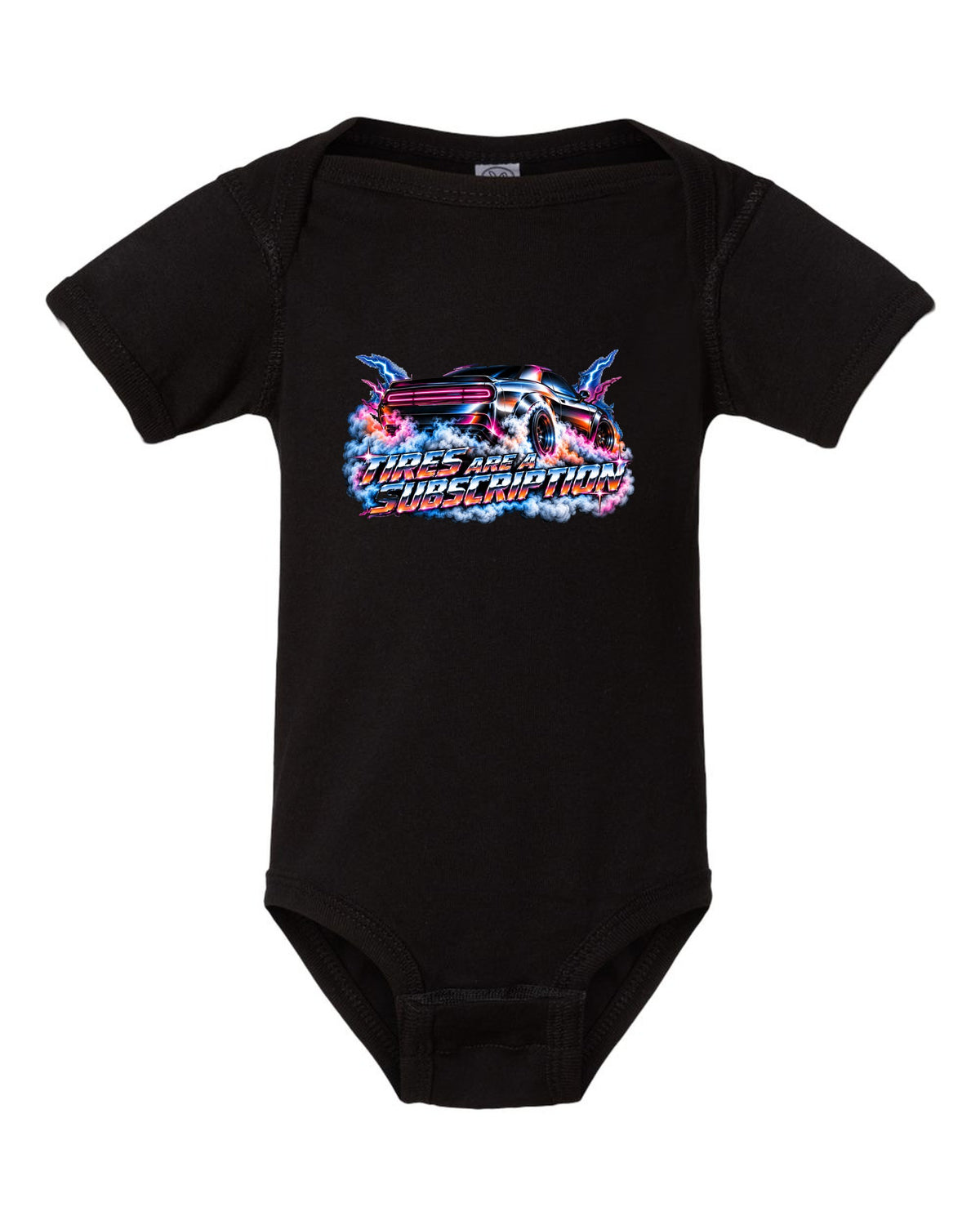 80s airbrush chrome illustration of a 2020 Dodge Challenger Scat Pack 392 Widebody doing a burnout black baby onesie front view with the design