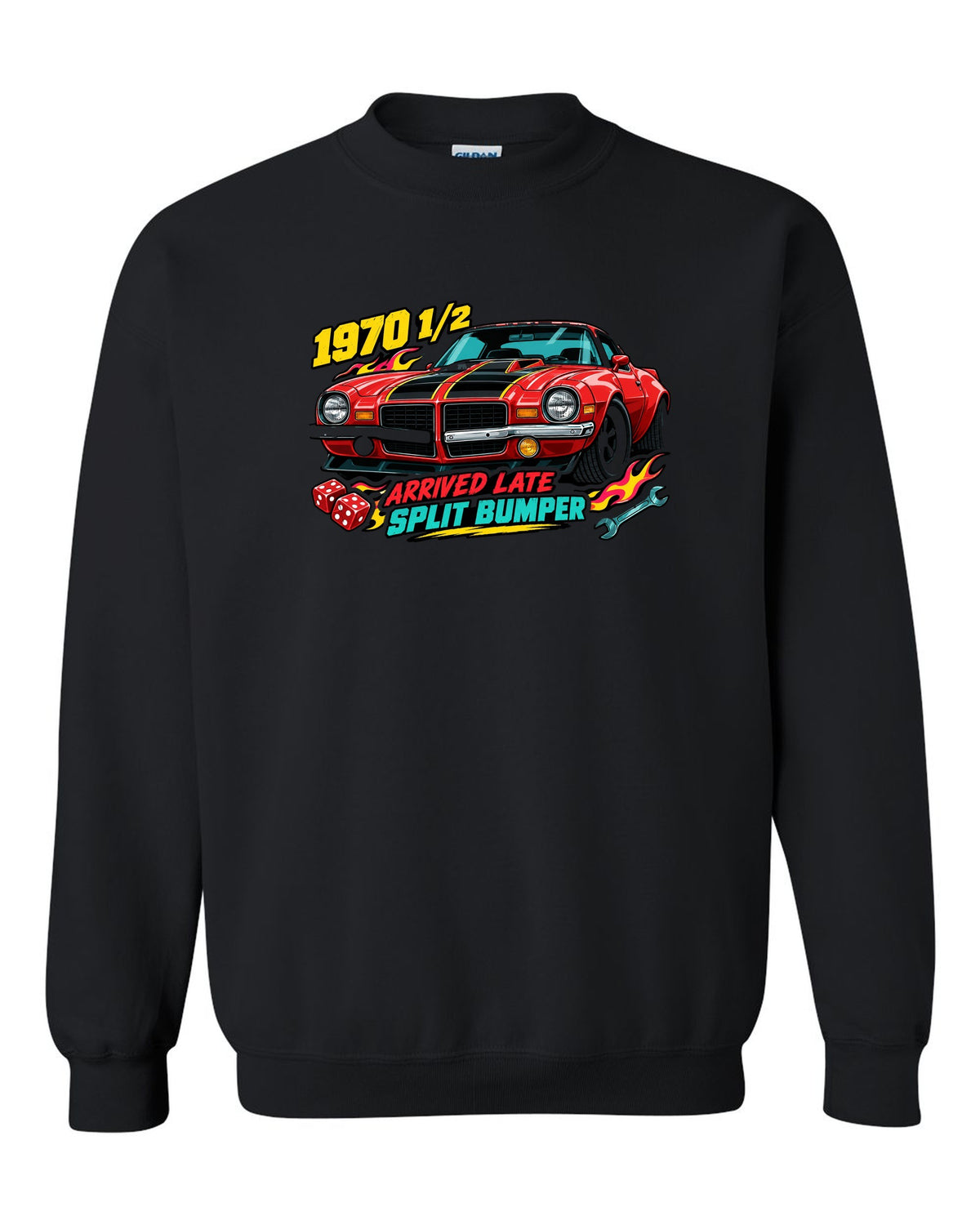 1970 Chevrolet Camaro Z28 split bumper sticker-bomb collage print reading 1970 1/2 Arrived Late black crewneck front view with the design