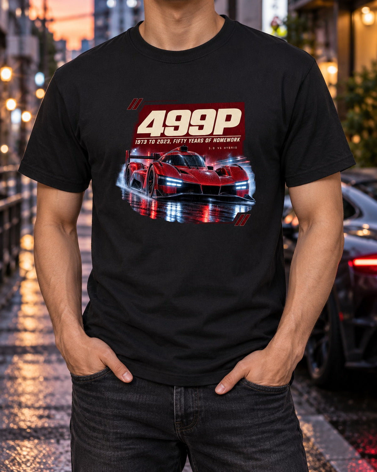 Ferrari 499P Night Street Rain print Shirt T-Shirt Black worn hero