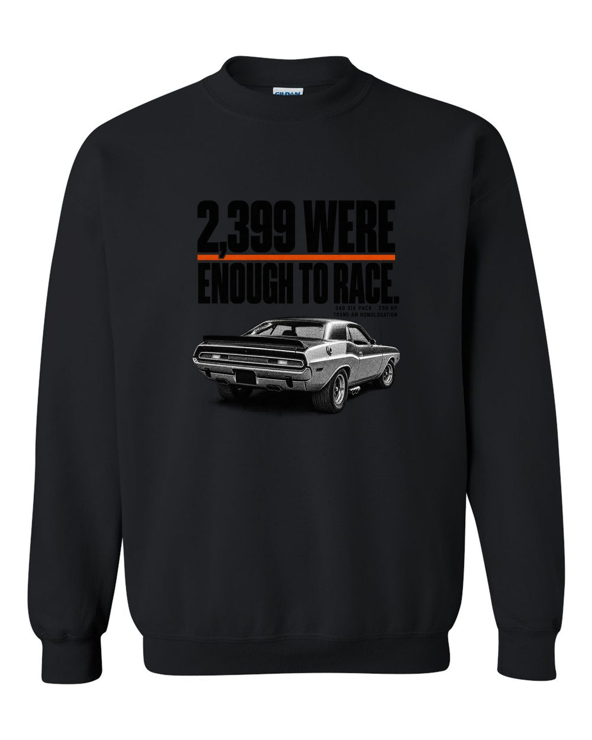 1970 Dodge Challenger T/A halftone print with 2,399 built and 340 Six Pack lettering black crewneck front view with the design