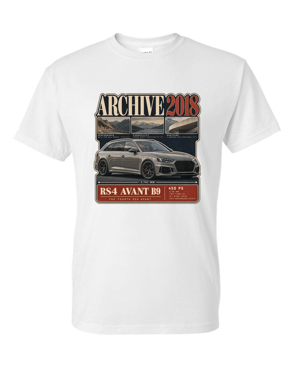 Audi RS4 Avant B9 archive panel print marked 2018 with 450 PS white t-shirt front view with the design