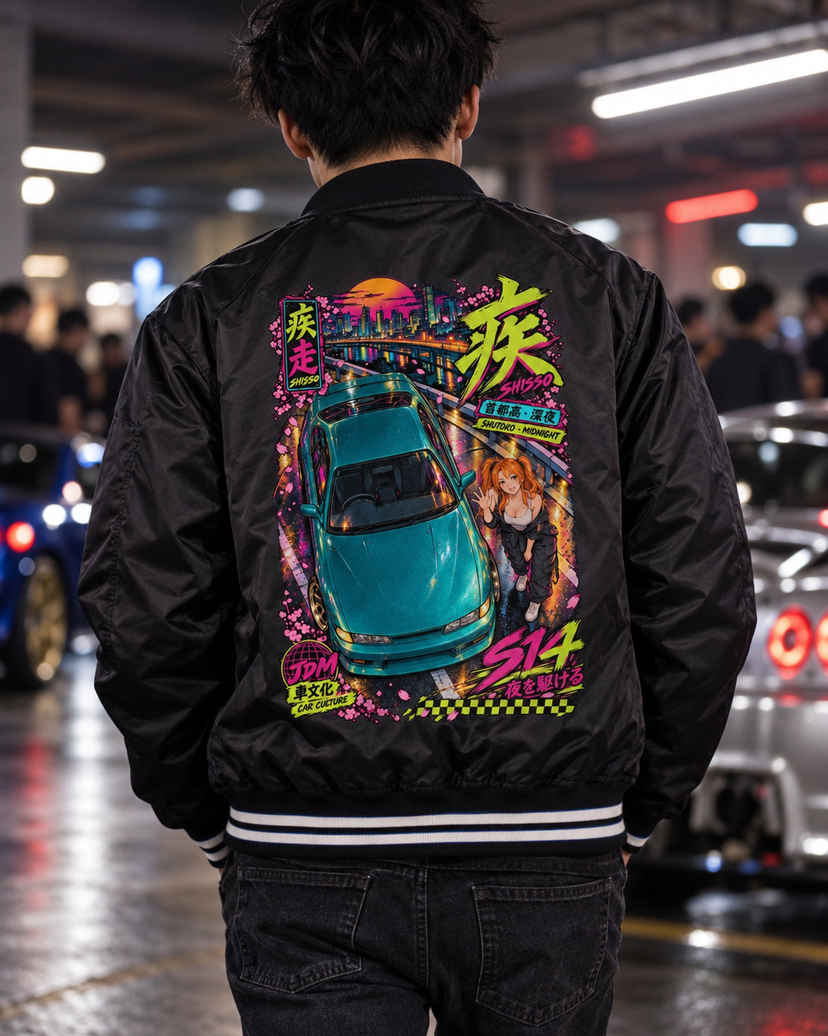 SHISSO S14 Anime Girl Full-Back Graphic Tee Bomber Jacket Black worn hero