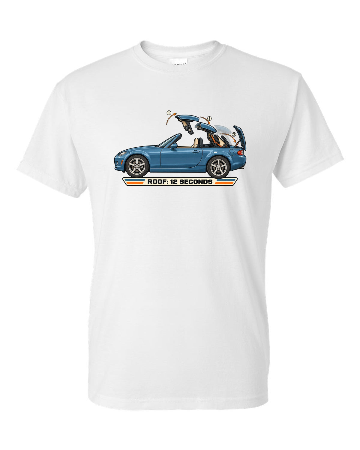 Exploded cutaway diagram of the Mazda MX-5 NC PRHT roof fold mechanism white t-shirt front view with the design