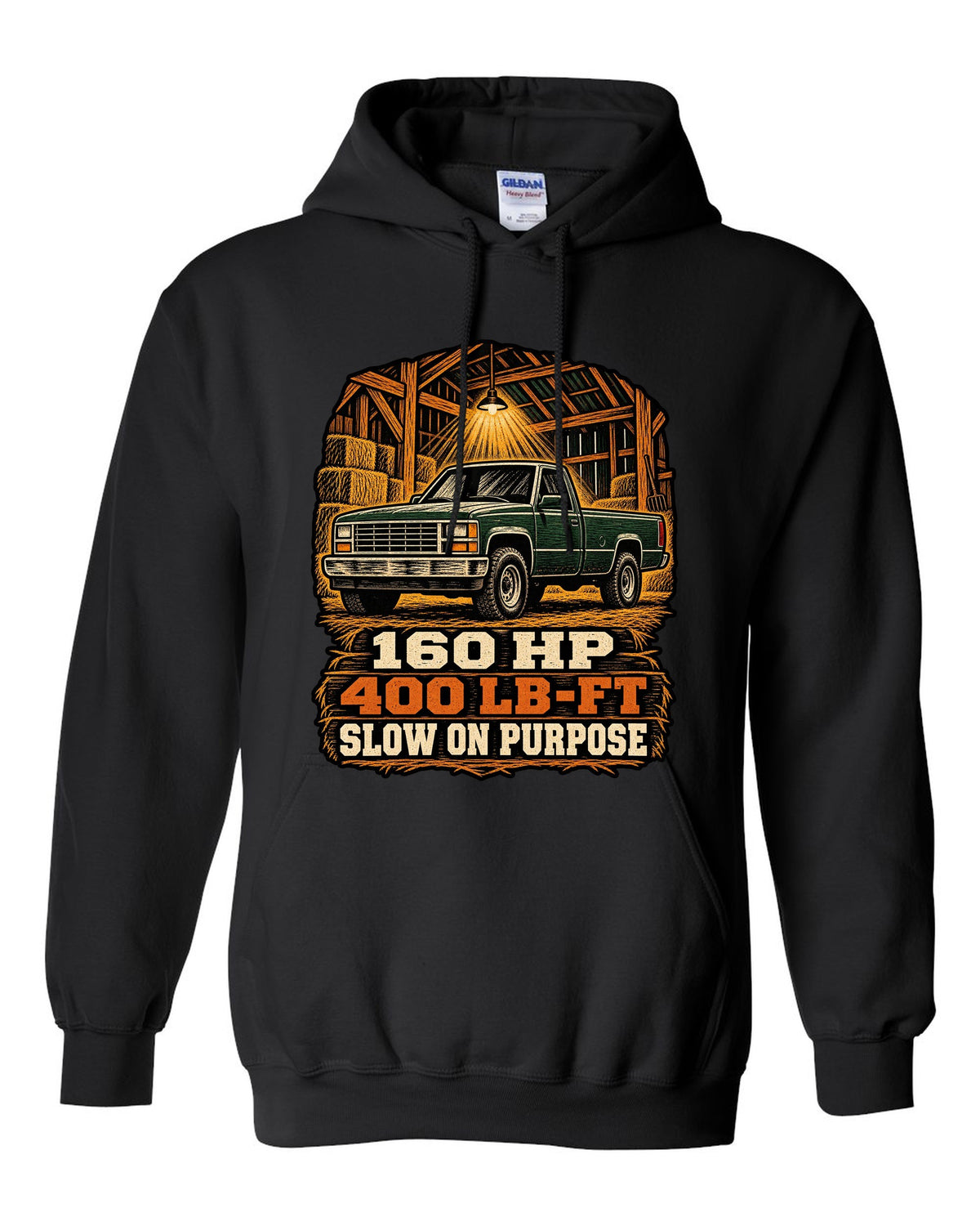 Woodcut style print of a 1989-1993 Dodge Ram D250 Cummins on an oversized shirt black pull over hoodie front view with the design