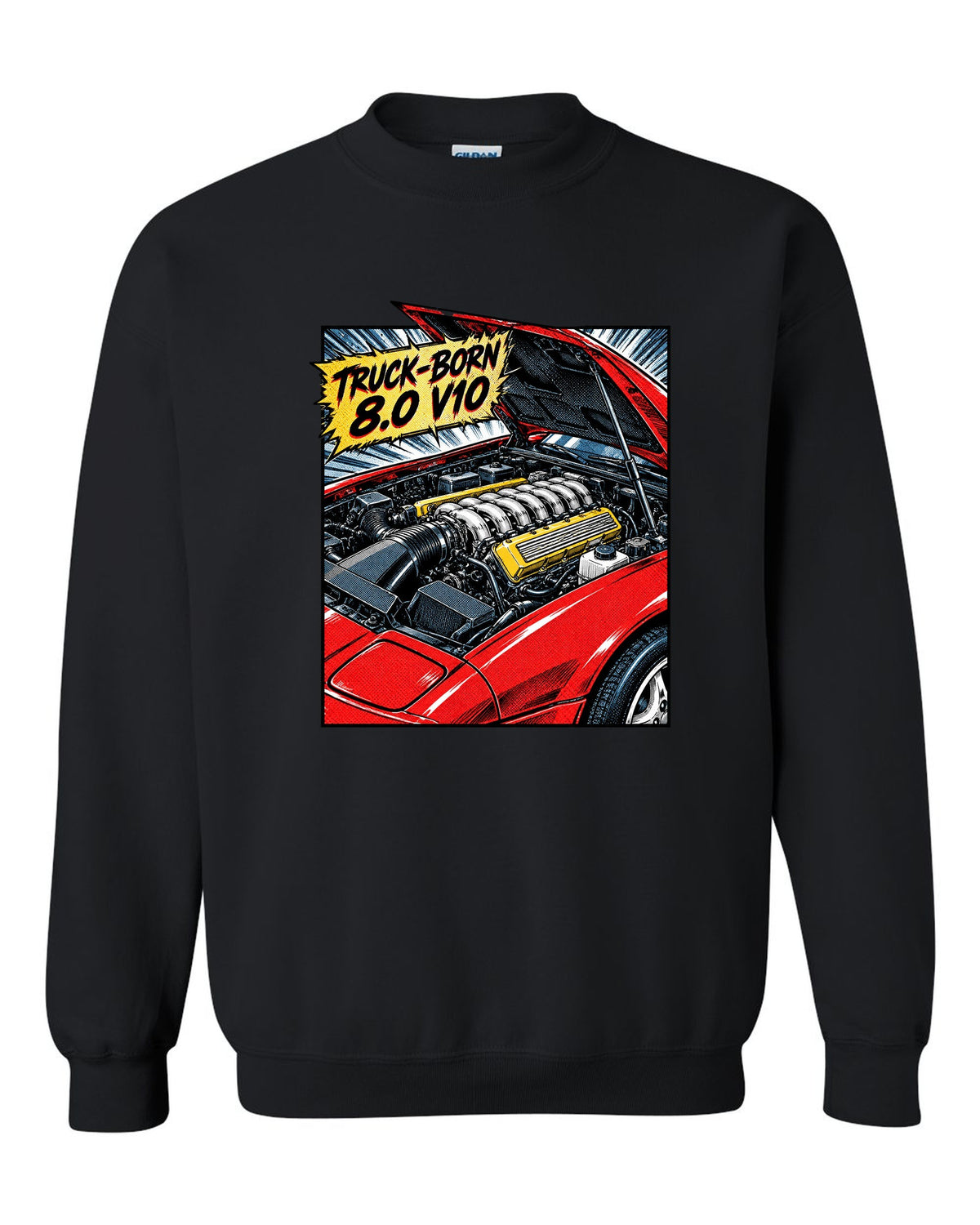 Retro manga halftone panel of a 1993 Dodge Viper RT/10 SR I with 8.0 V10 caption black crewneck front view with the design