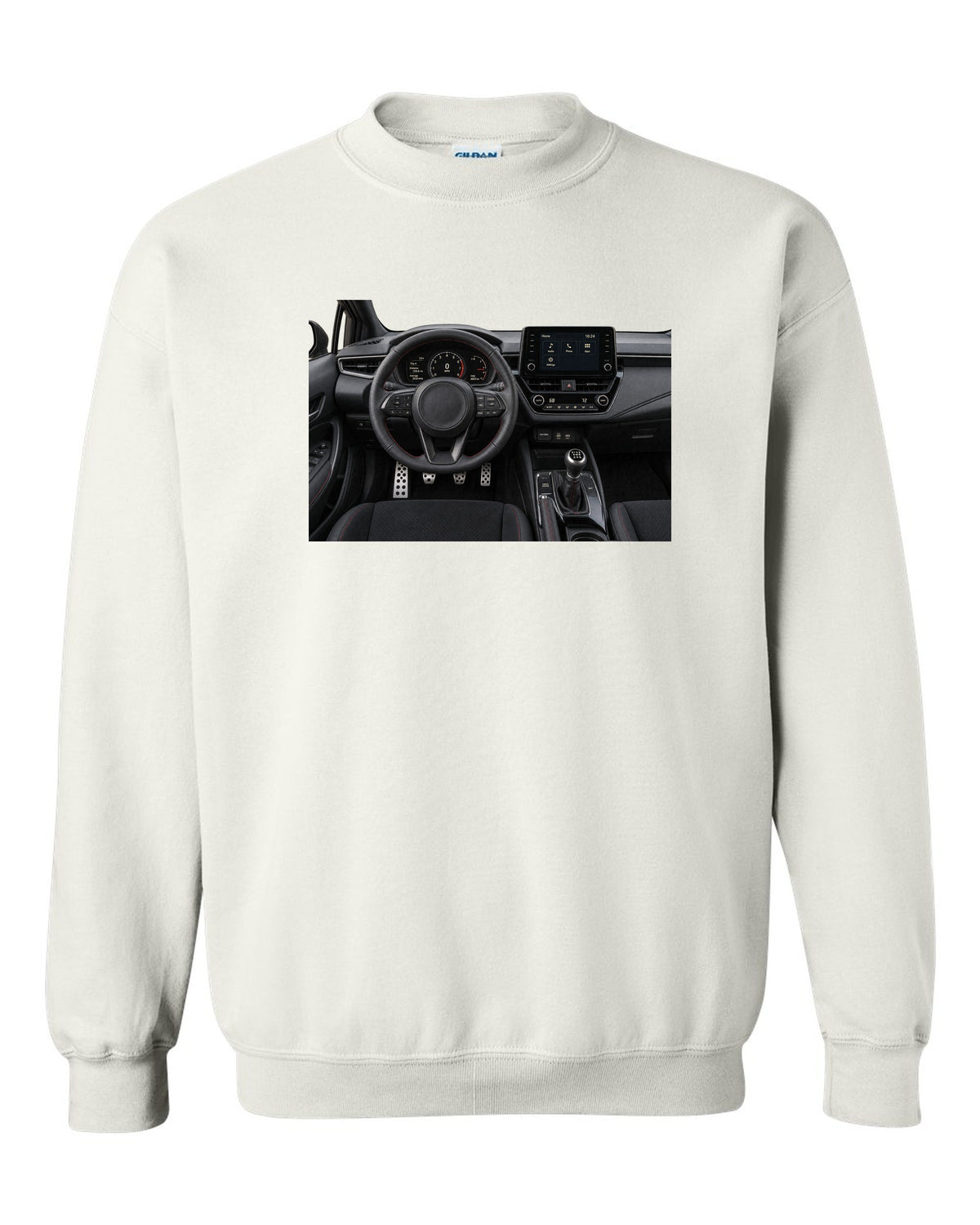 Overhead Toyota GR Yaris G16E-GTS engine bay illustration white crewneck front view with the design