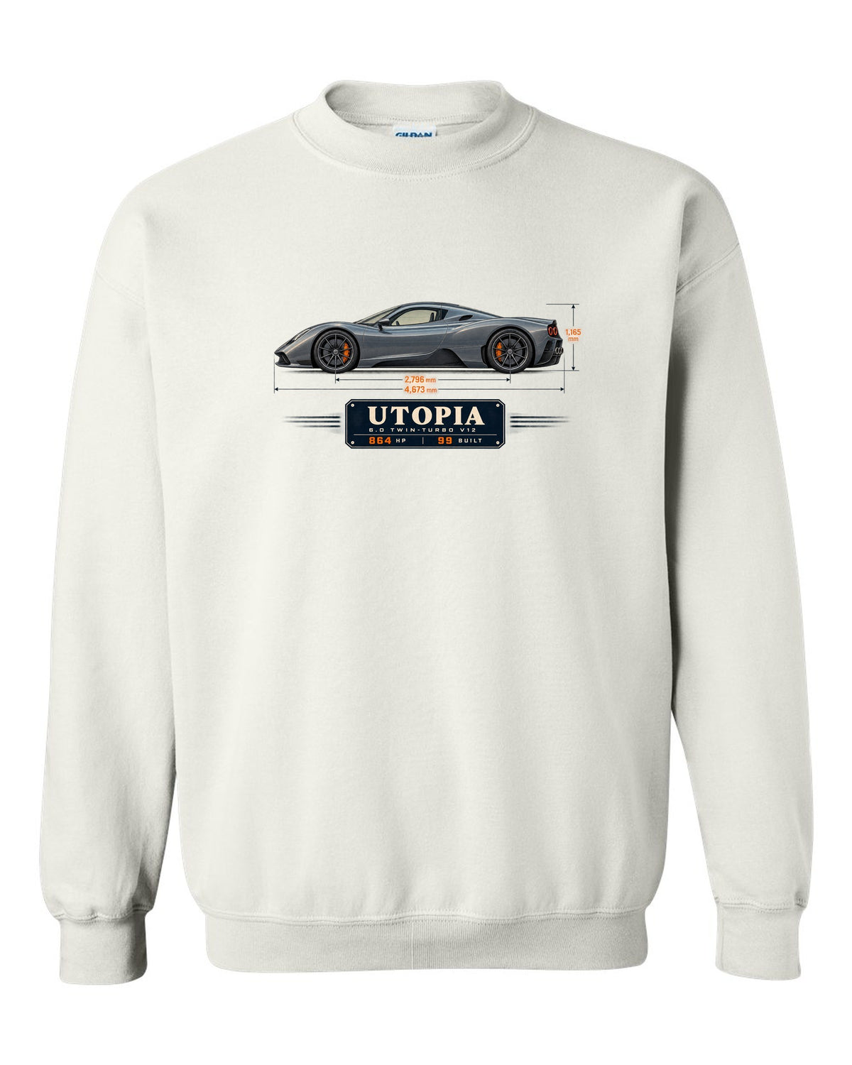 Blueprint print of the Pagani Utopia coupe with the text 6.0 twin-turbo V12, 864 hp, 99 built white crewneck front view with the design