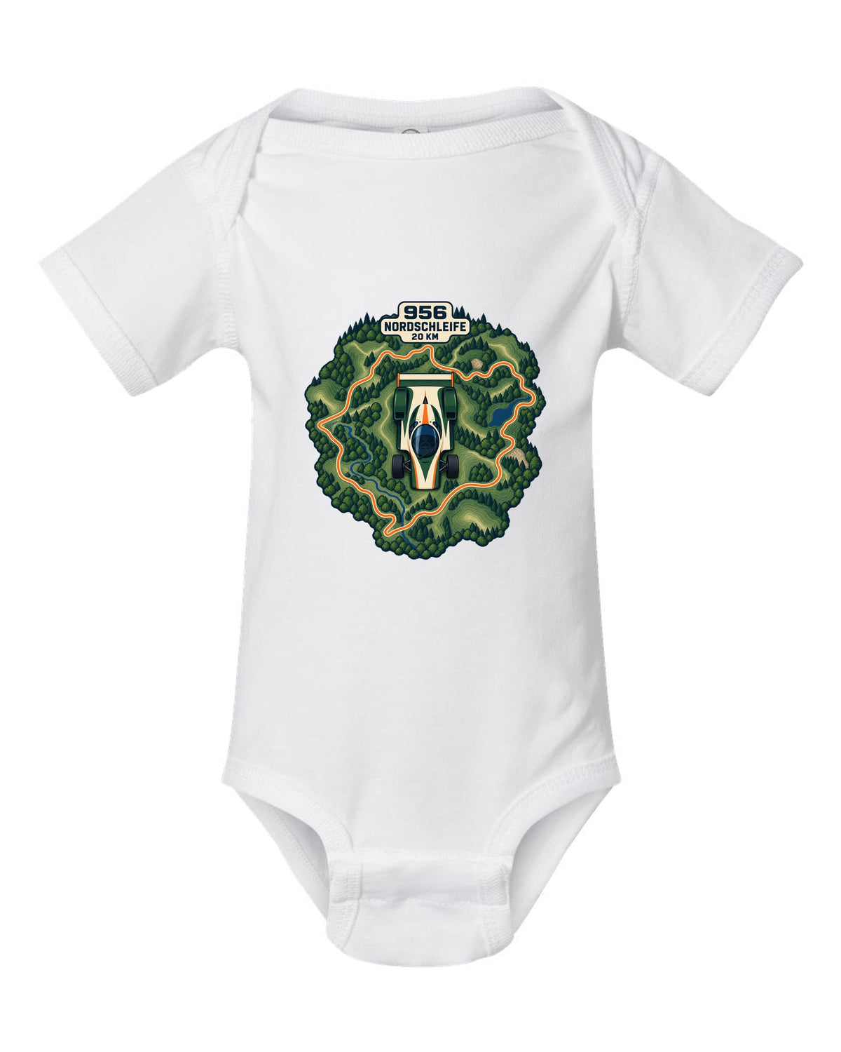 Topographic route map of the Nordschleife with Porsche 956 lettering white baby onesie front view with the design