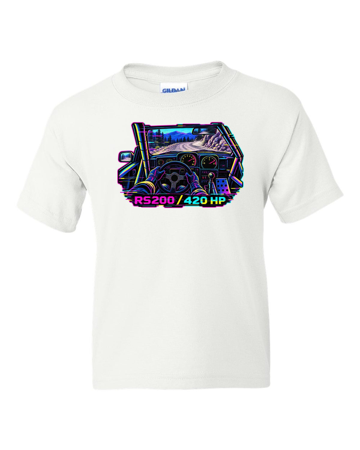 VHS glitch style Ford RS200 cockpit print with 420 hp lettering white kids tee front view with the design
