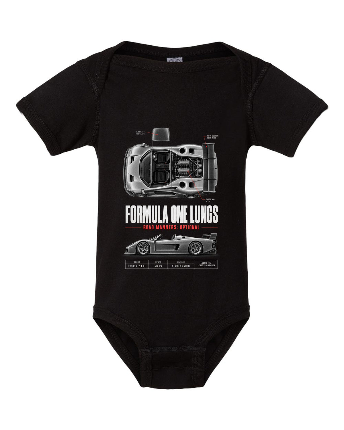 Ferrari F50 1995 top-down and profile spec poster print, F130B V12 4.7 L black baby onesie front view with the design