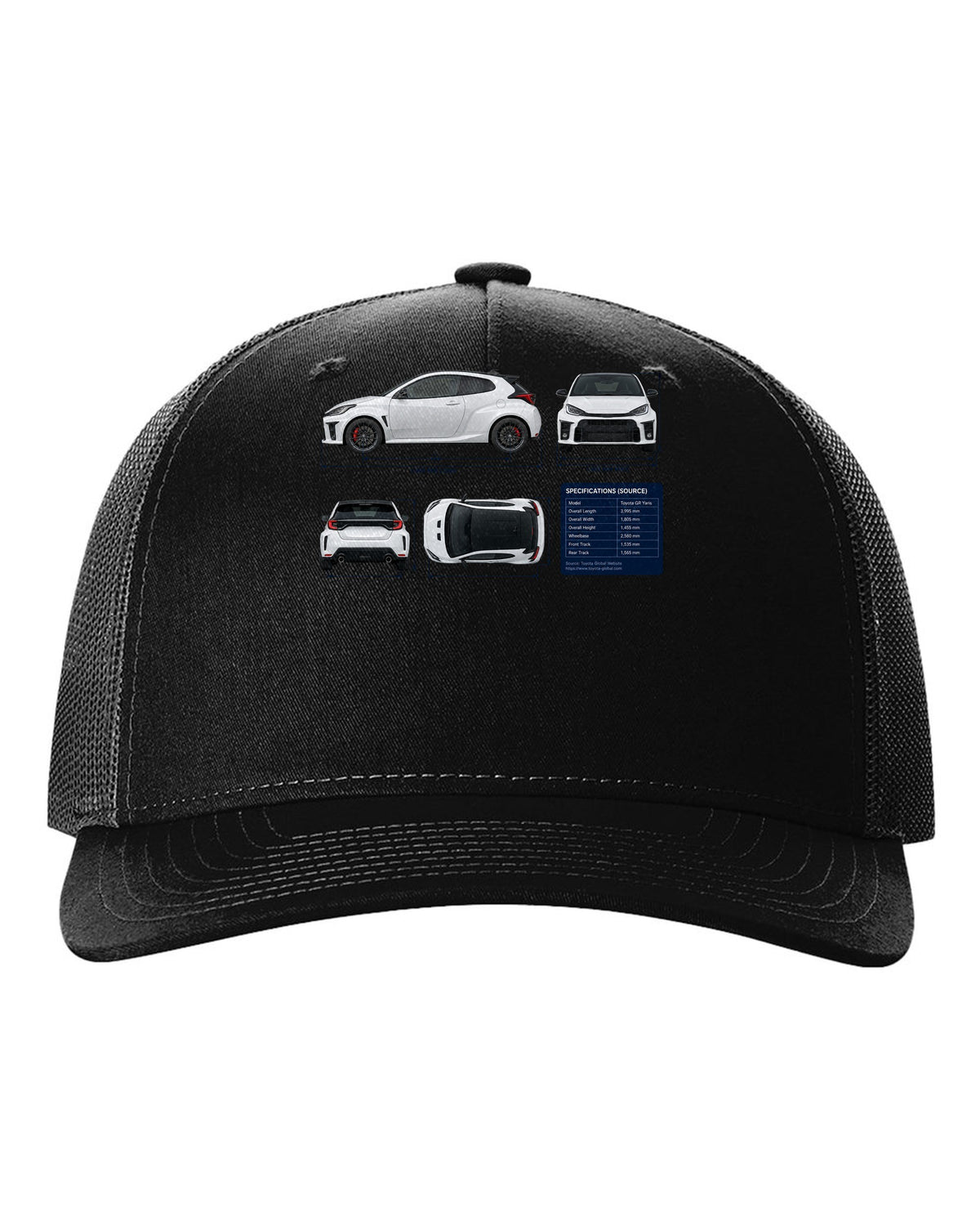 Toyota GR Corolla Morizo Edition Blueprint black hat front view with the design