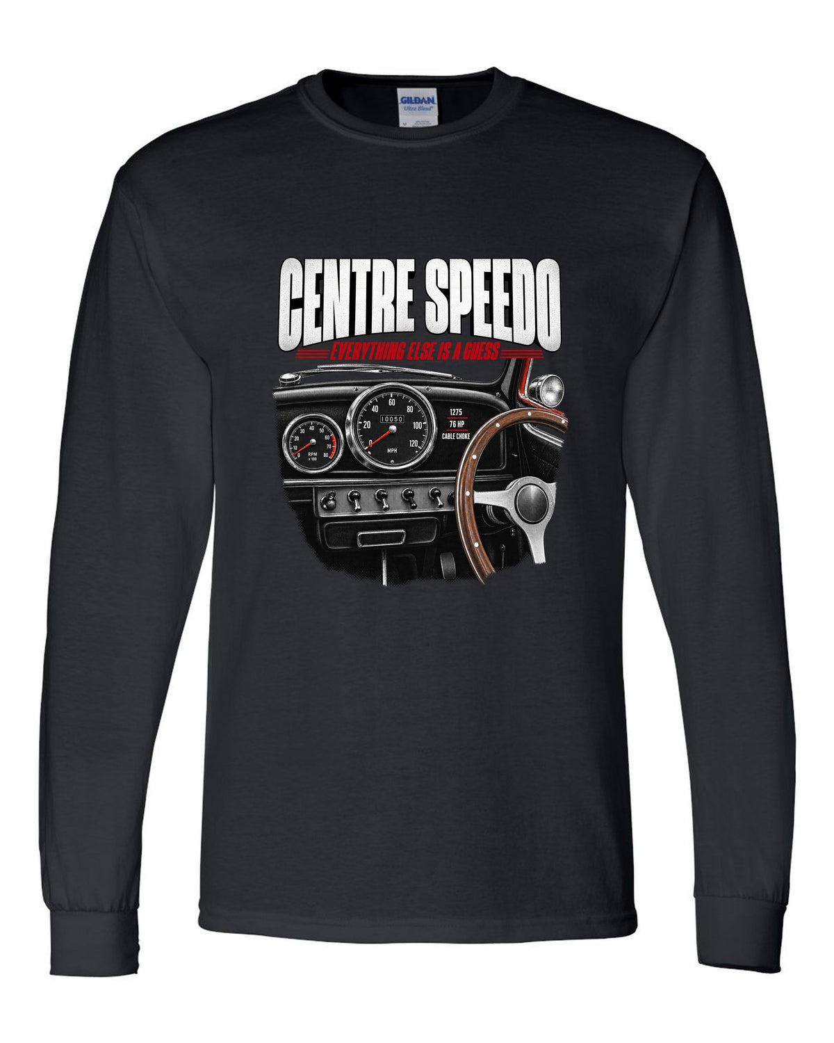 print of the 1967 Classic Mini Cooper S interior with centre speedometer and 1275 spec lettering black long sleeve front view with the design