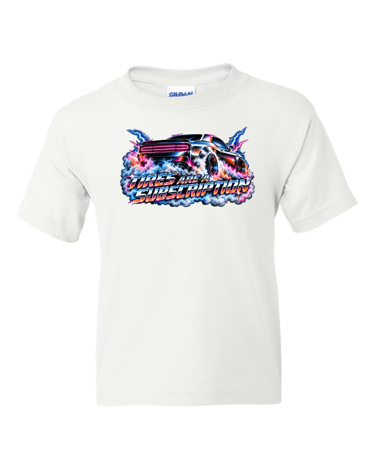 80s airbrush chrome illustration of a 2020 Dodge Challenger Scat Pack 392 Widebody doing a burnout white kids tee front view with the design