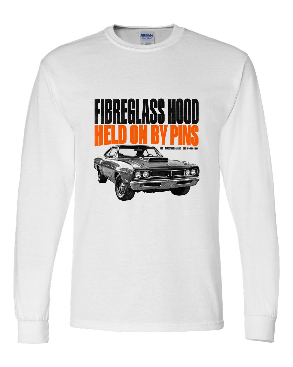 1969 Dodge Coronet Super Bee A12 hood halftone print with fibreglass hood and pins lettering white long sleeve front view with the design