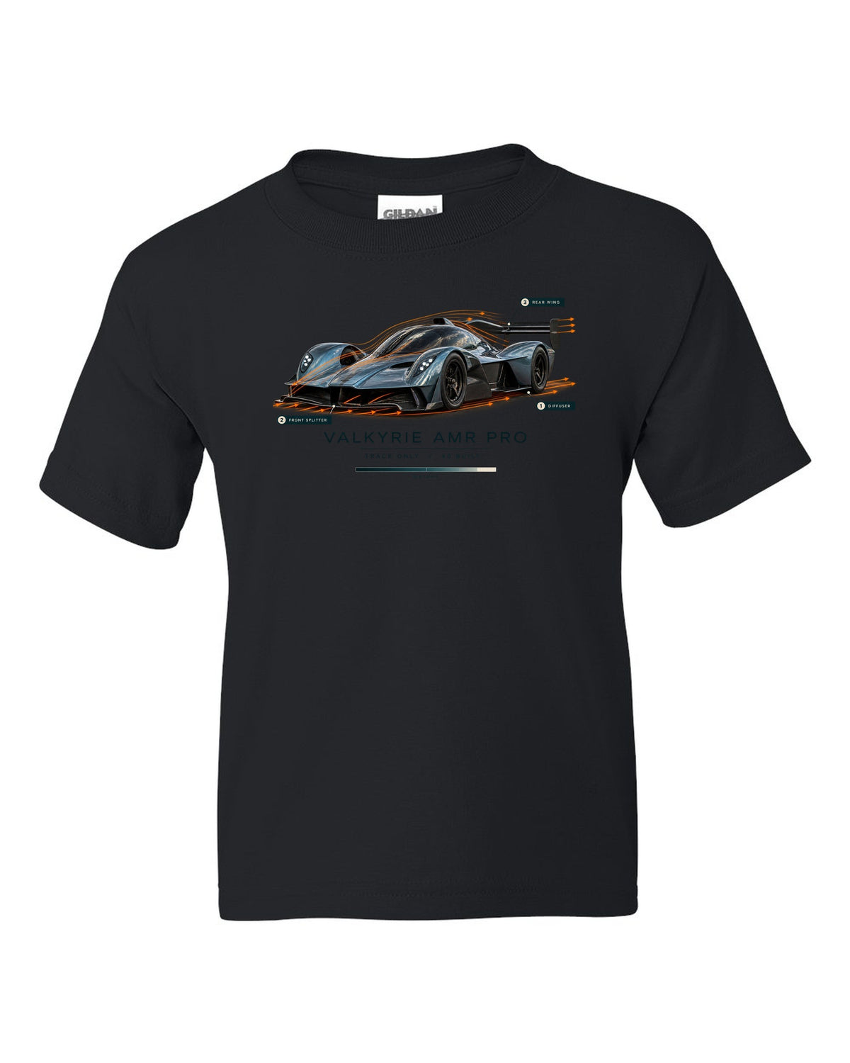 Aston Martin Valkyrie AMR Pro 2022 airflow cutaway print with track only 40 built text black kids tee front view with the design