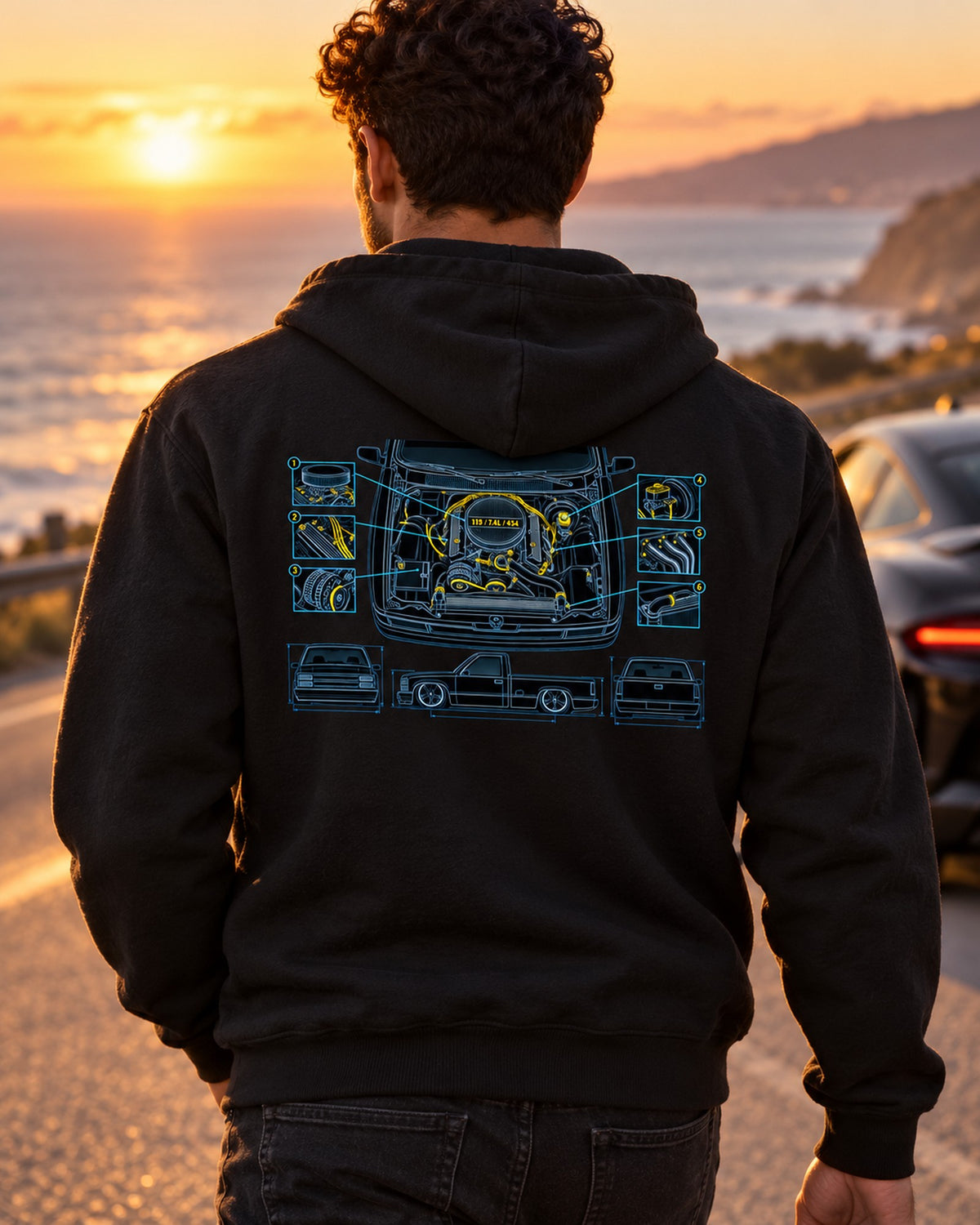 454 SS Pickup Engine Bay Blueprint Shirt, L19 7.4L Zip Hoodie Black worn hero