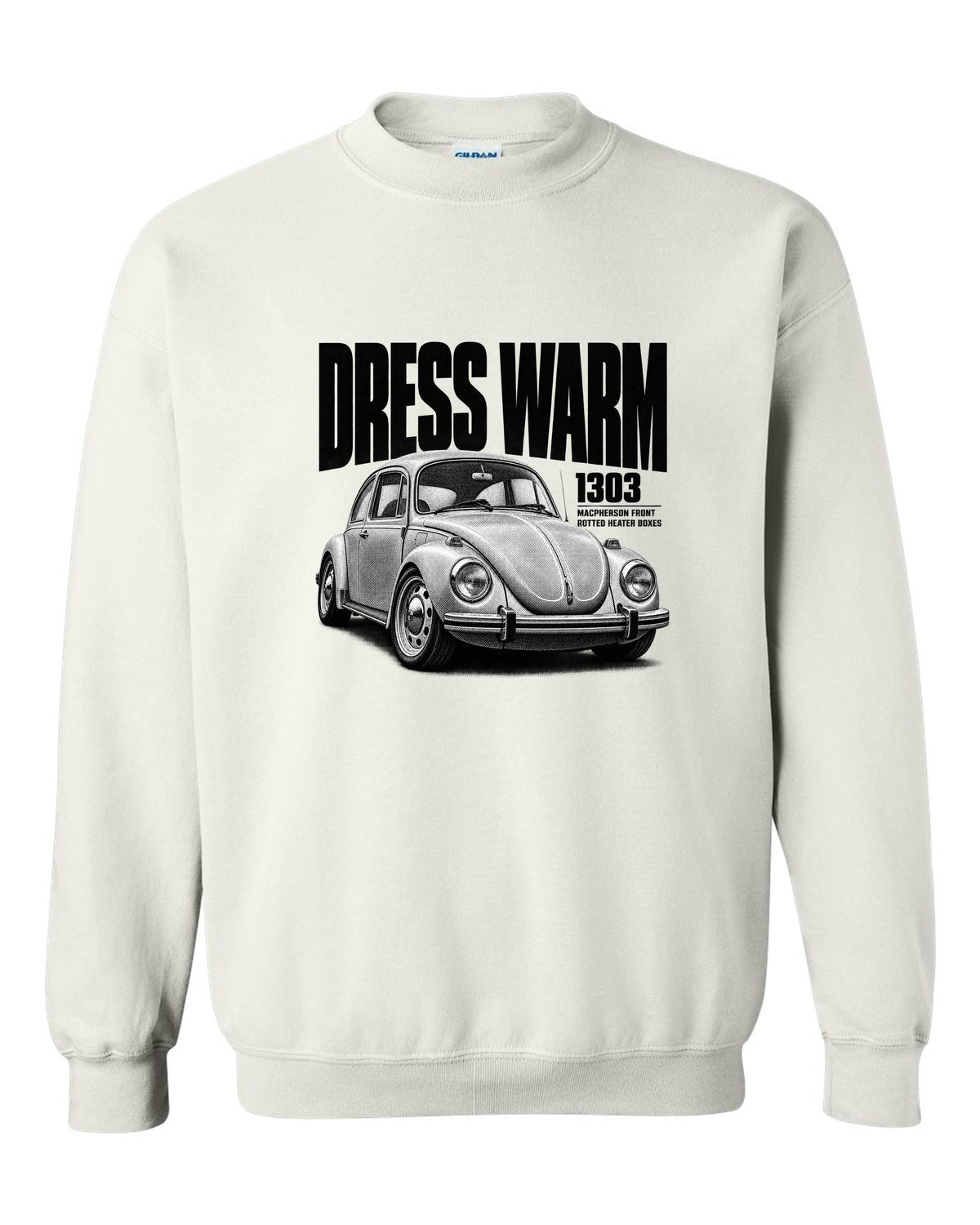 Halftone print of a VW Beetle Type 1 1303 front three-quarter with dress warm text white crewneck front view with the design