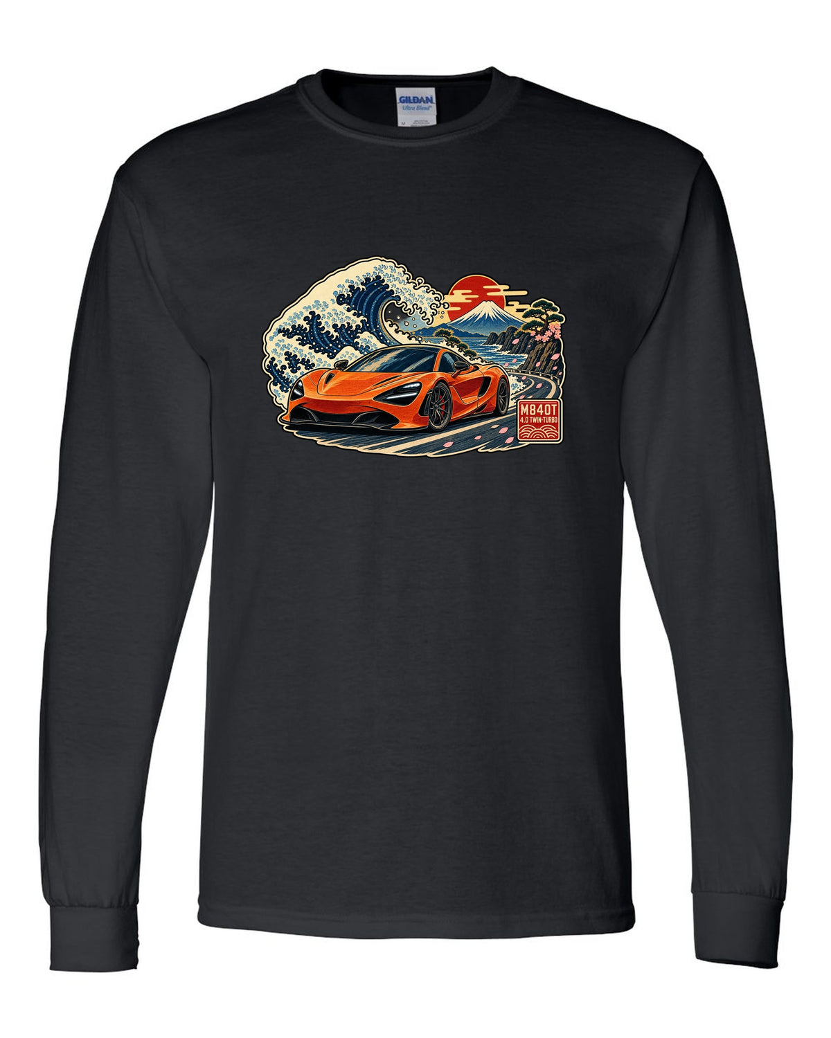 Ukiyo-e woodblock wave print of a McLaren 720S with M840T and 4.0 Twin-Turbo lettering black long sleeve front view with the design
