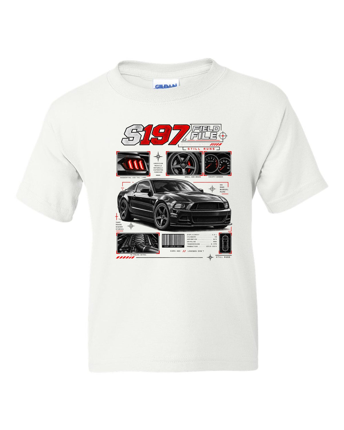 Four-panel dossier print of a Ford Mustang S197 GT fastback white kids tee front view with the design