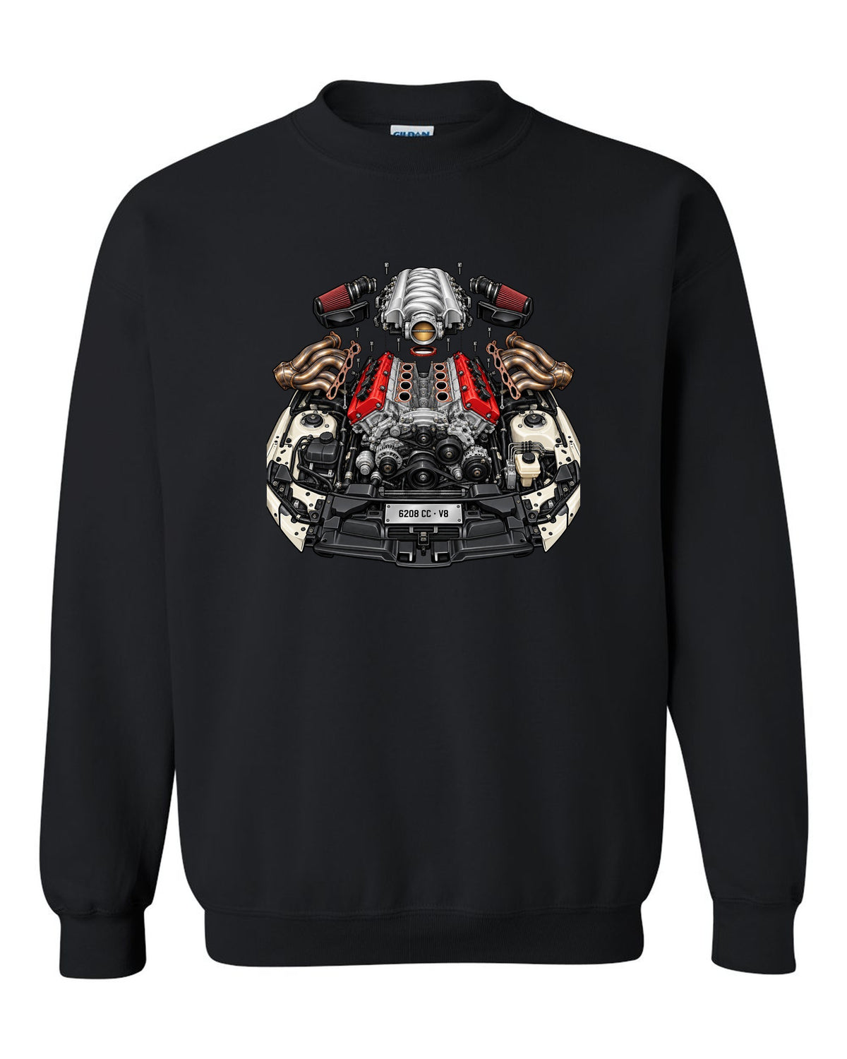 Exploded cutaway illustration of a Mercedes AMG M156 6.2 V8 engine black crewneck front view with the design